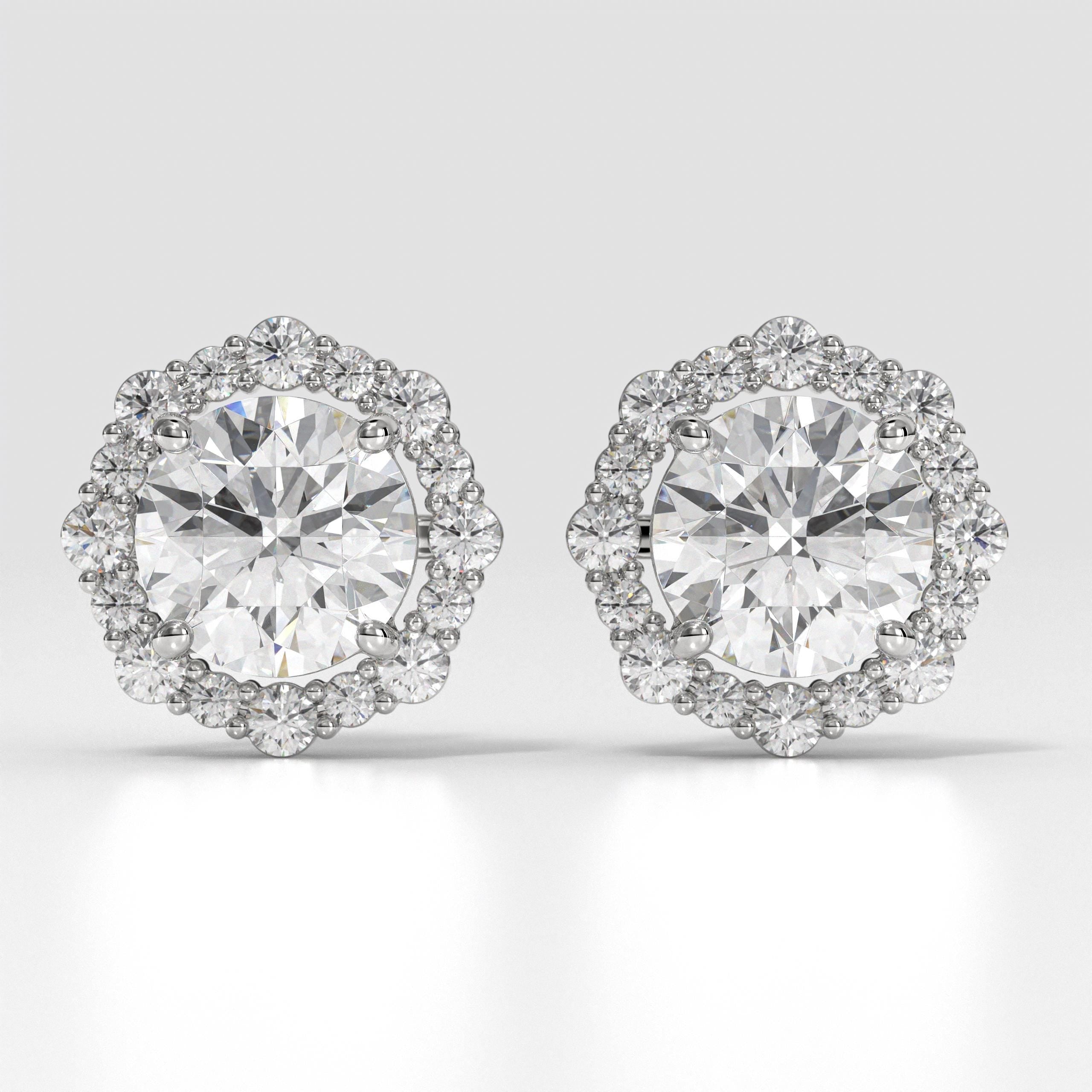 Round Lab Grown Diamond Halo Stud Earrings With 14K Gold