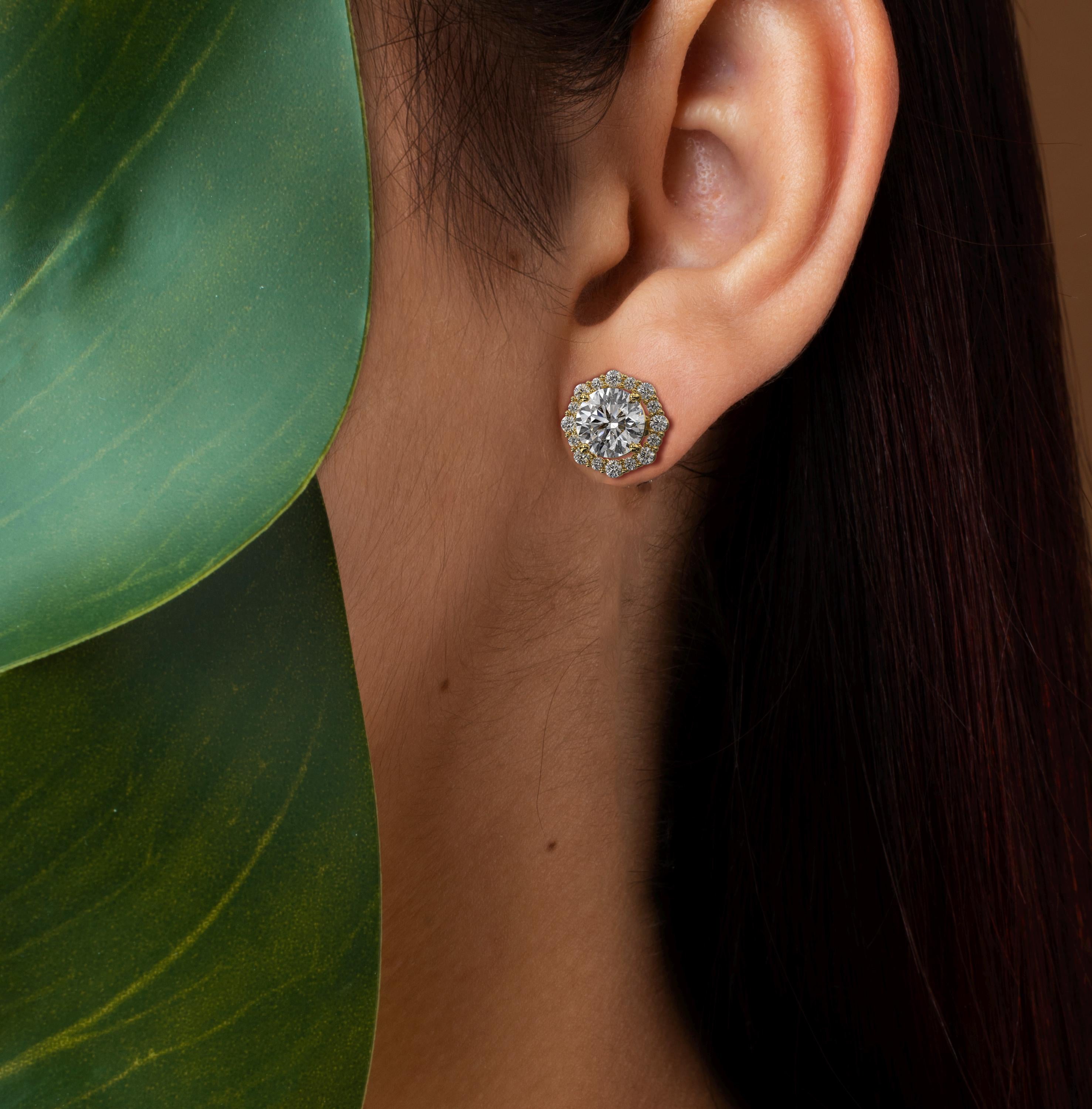 Round Lab Grown Diamond Halo Stud Earrings With 14K Gold