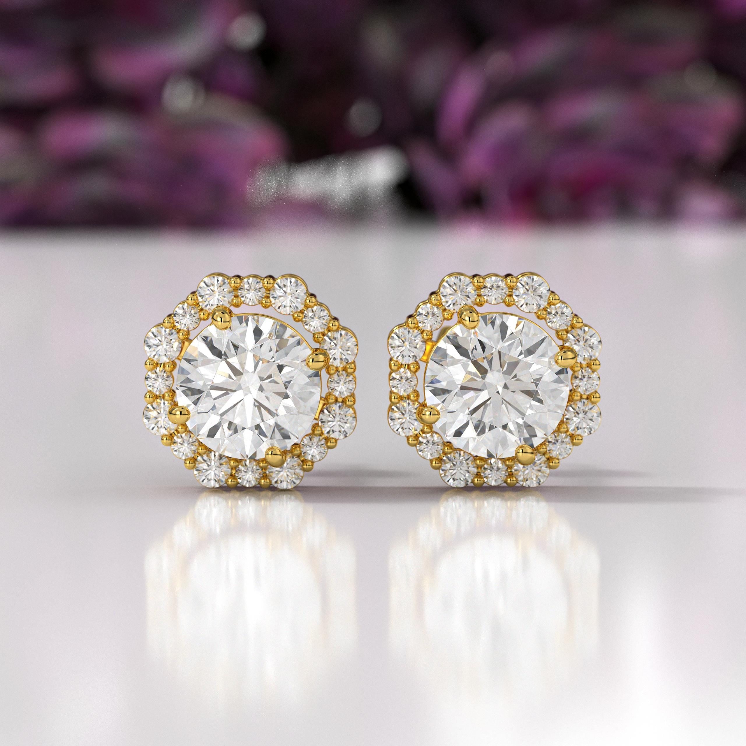 Round Lab Grown Diamond Halo Stud Earrings With 14K Gold