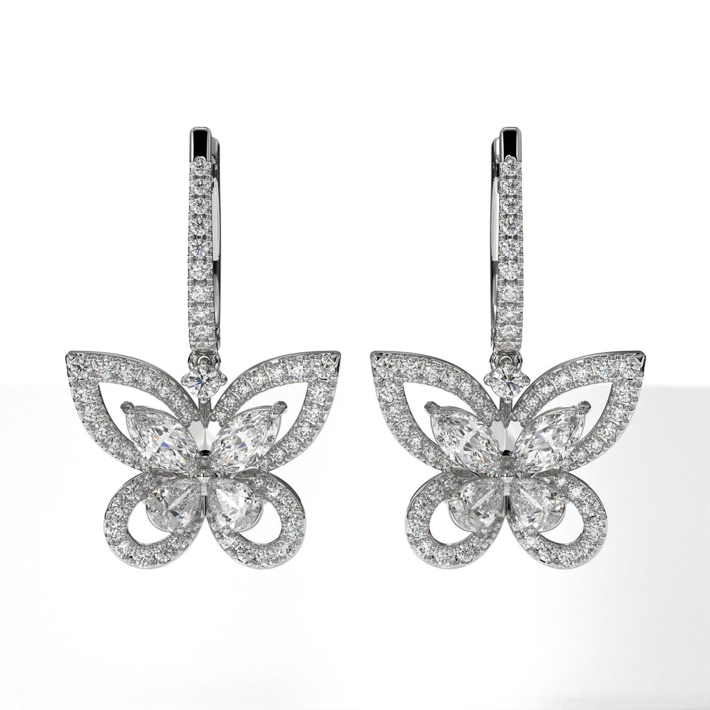 14K solid gold Butterfly Lab Grown Diamond Drop Dangle Hoop Earrings