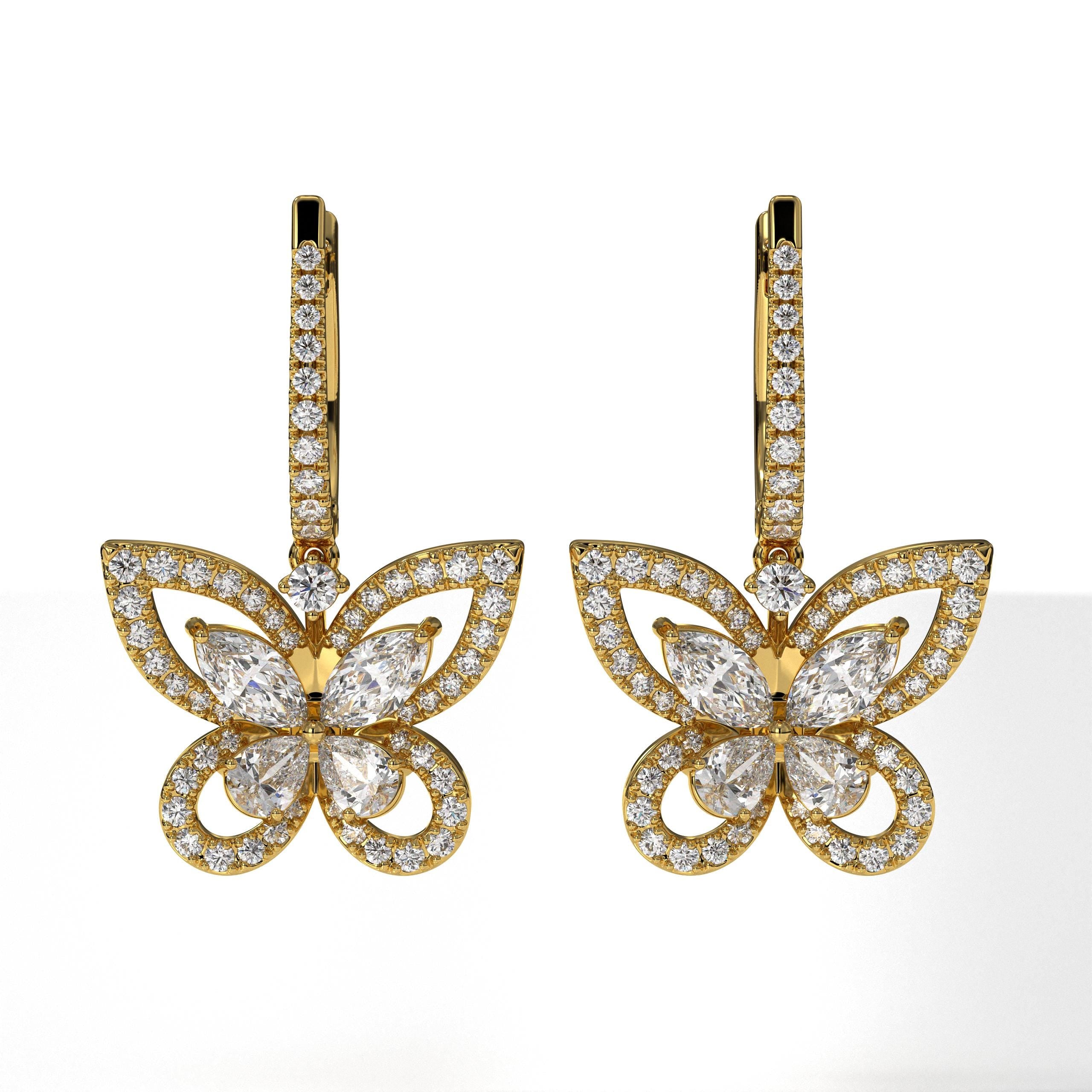 14K solid gold Butterfly Lab Grown Diamond Drop Dangle Hoop Earrings