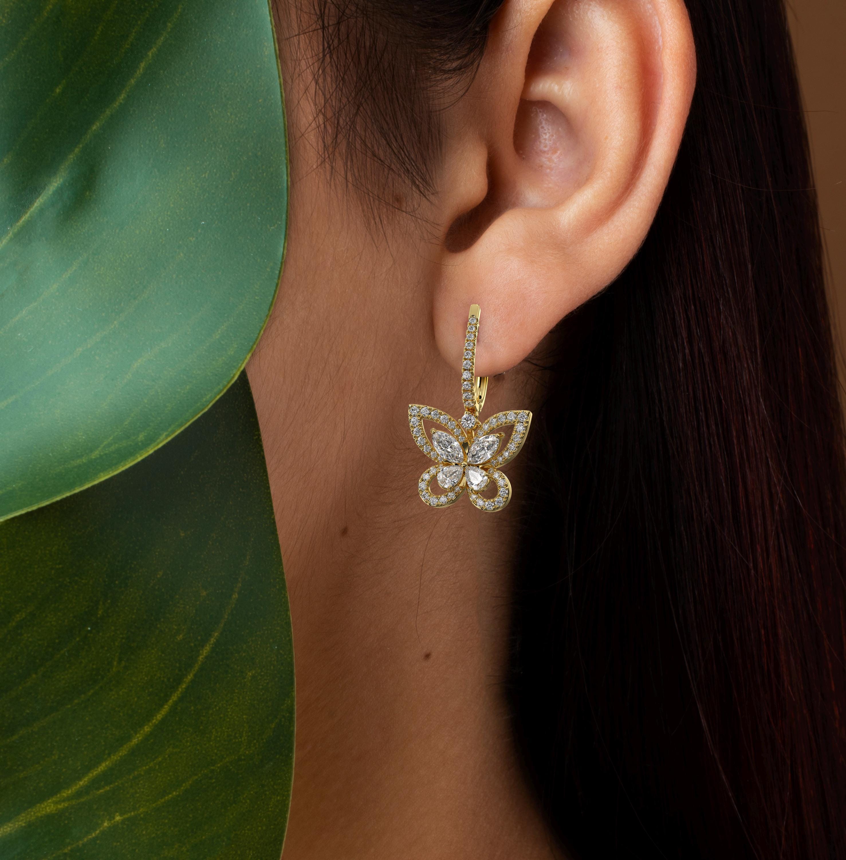 14K solid gold Butterfly Lab Grown Diamond Drop Dangle Hoop Earrings