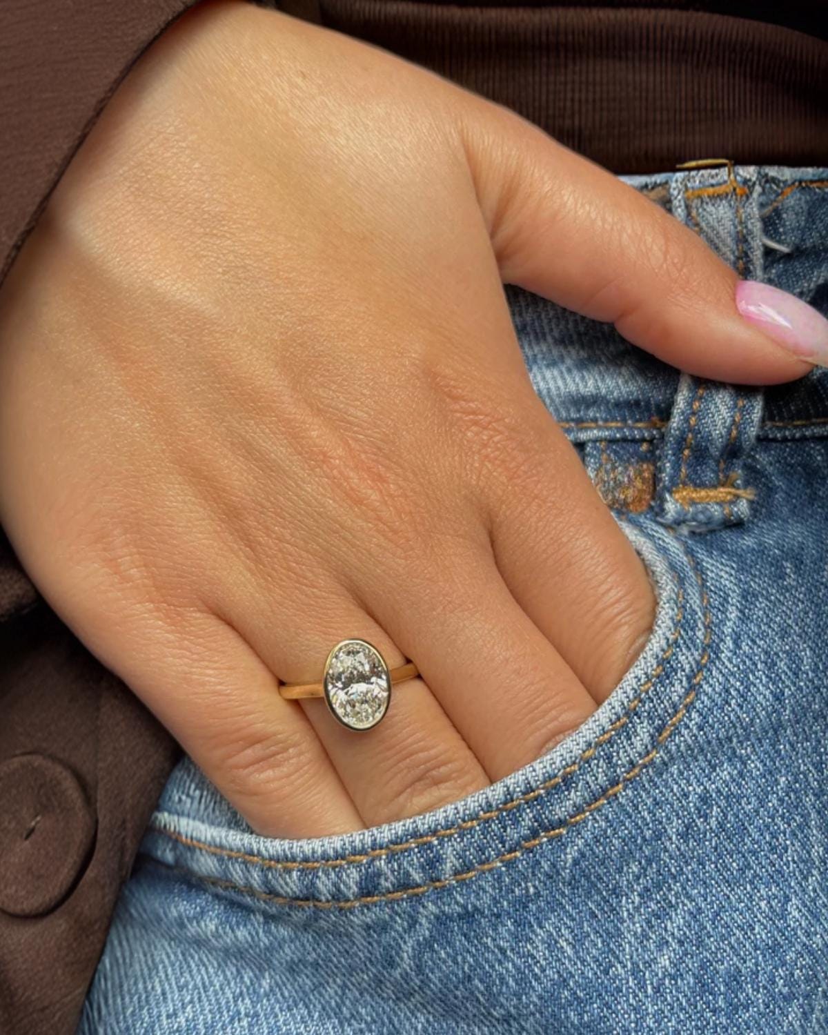 14K Gold Bezel Setting Oval Shaped Lab Grown Diamond Engagement Ring