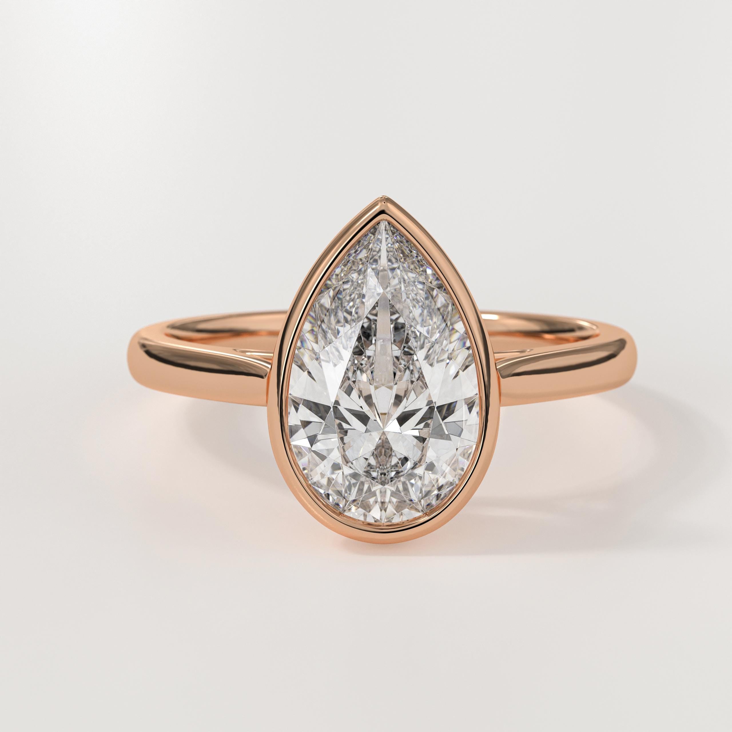 14K Gold Pear Shape Bezel Setting Lab Grown Diamond Engagement Ring