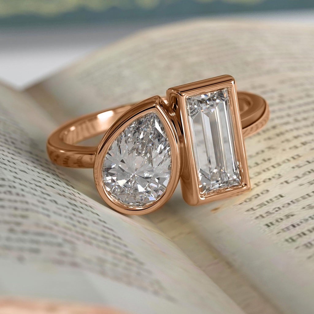 Toi Et Moi IGI Certified Pear Cut & Baguette Cut Lab Grown Diamond 14K Gold Engagement Ring