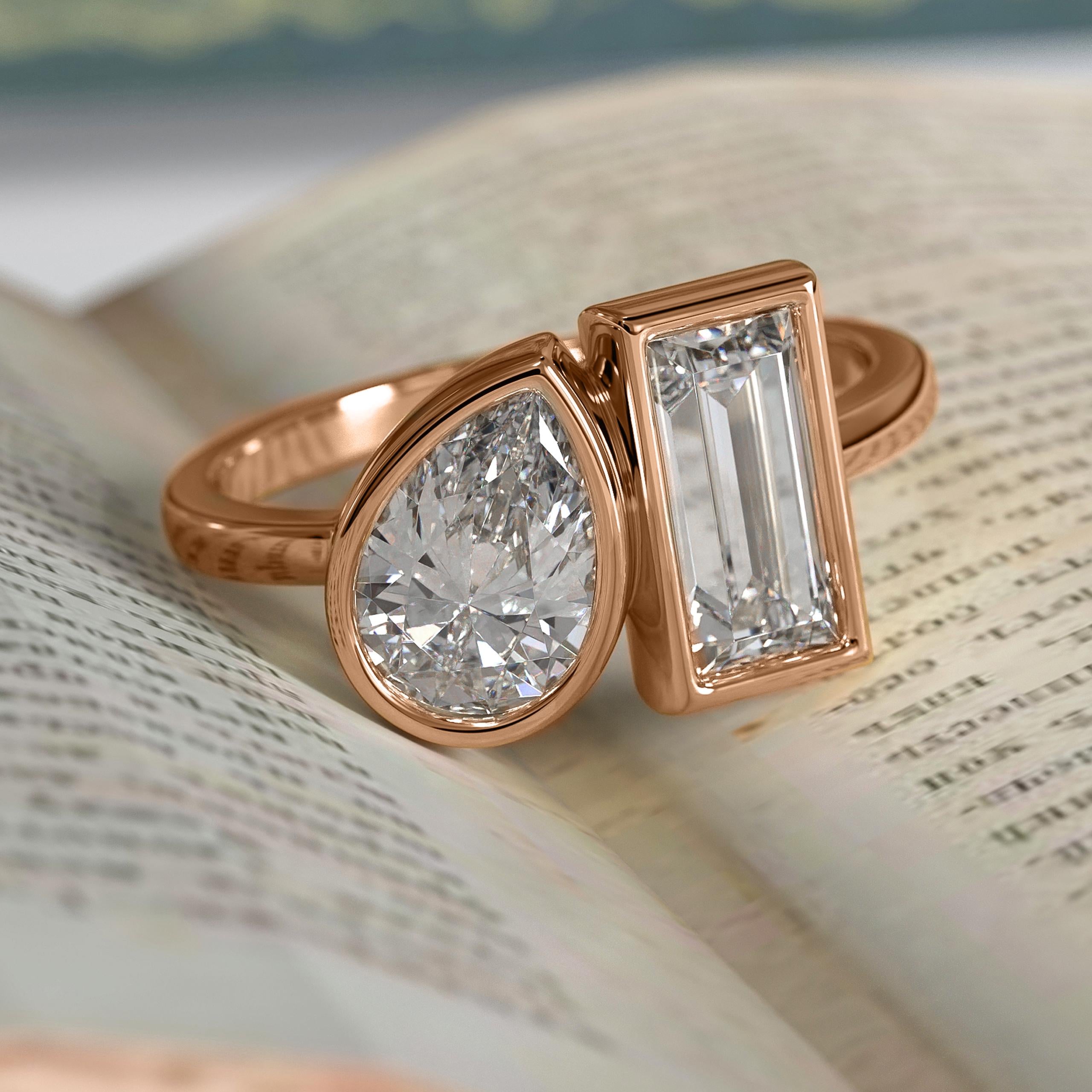 Toi Et Moi IGI Certified Pear Cut & Baguette Cut Lab Grown Diamond 14K Gold Engagement Ring