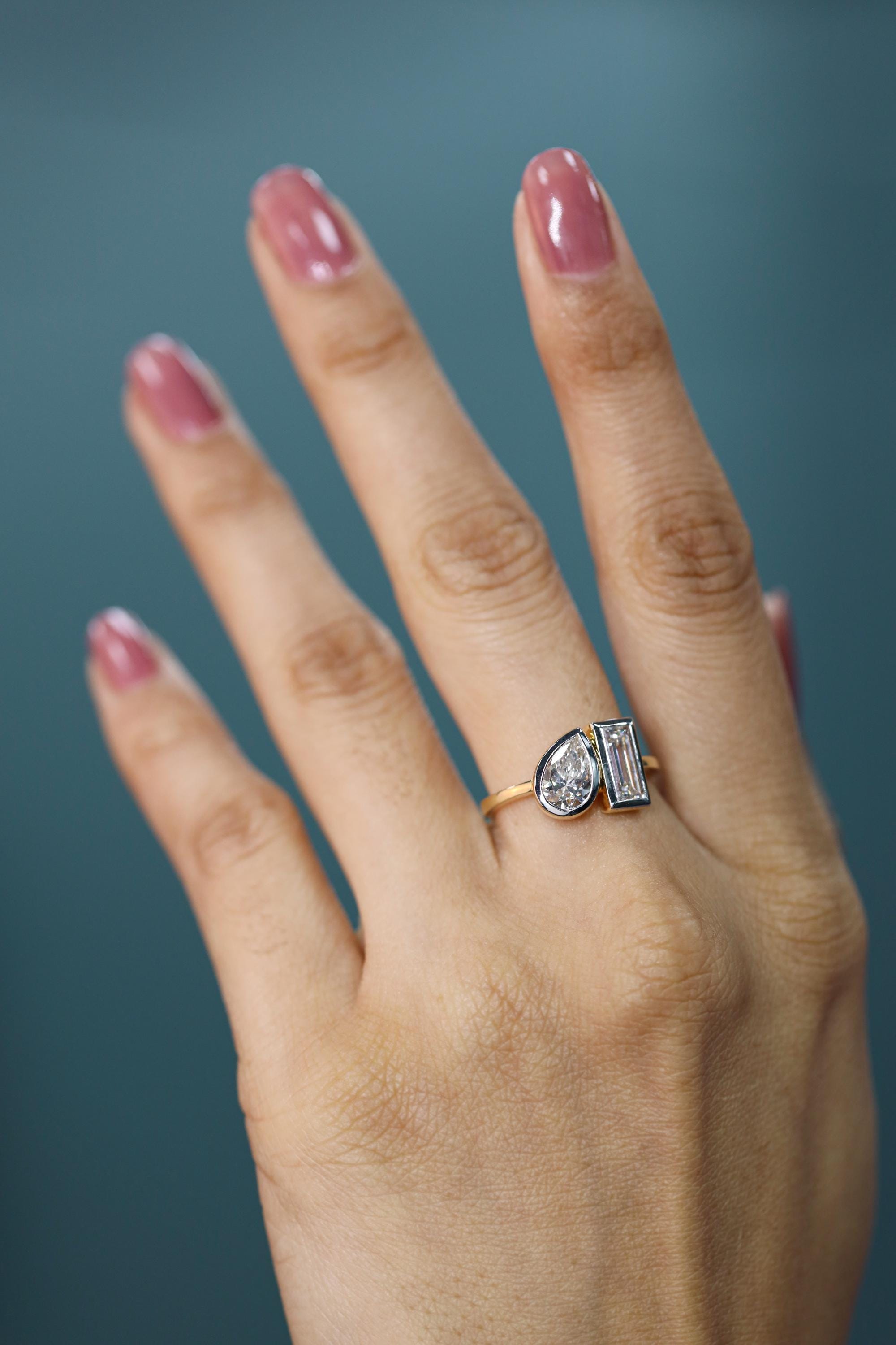 Toi Et Moi IGI Certified Pear Cut & Baguette Cut Lab Grown Diamond 14K Gold Engagement Ring