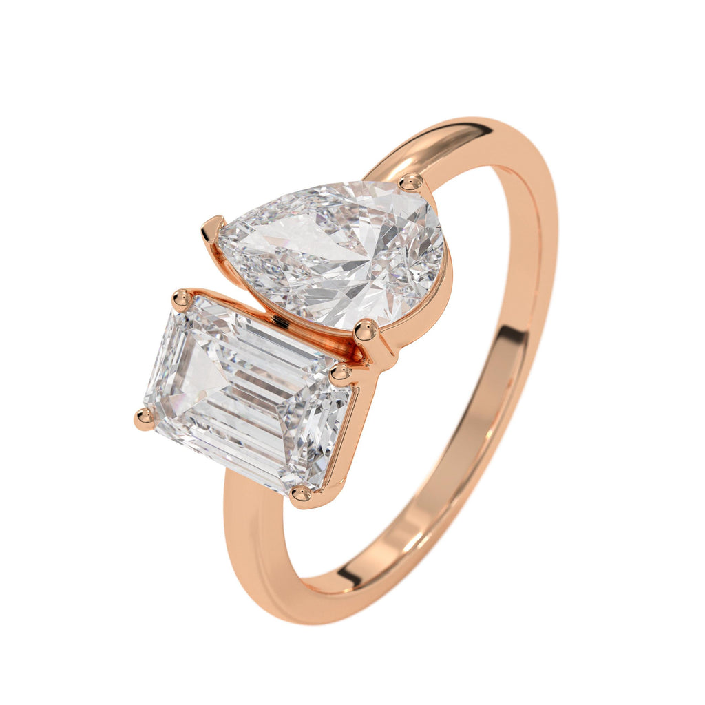 Emerald and Pear Cut Lab Grown Diamond Ring / 14K Solid Gold Two Stone Ring