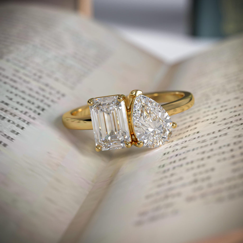 Emerald and Pear Cut Lab Grown Diamond Ring / 14K Solid Gold Two Stone Ring