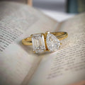 Emerald and Pear Cut Lab Grown Diamond Ring / 14K Solid Gold Two Stone Ring