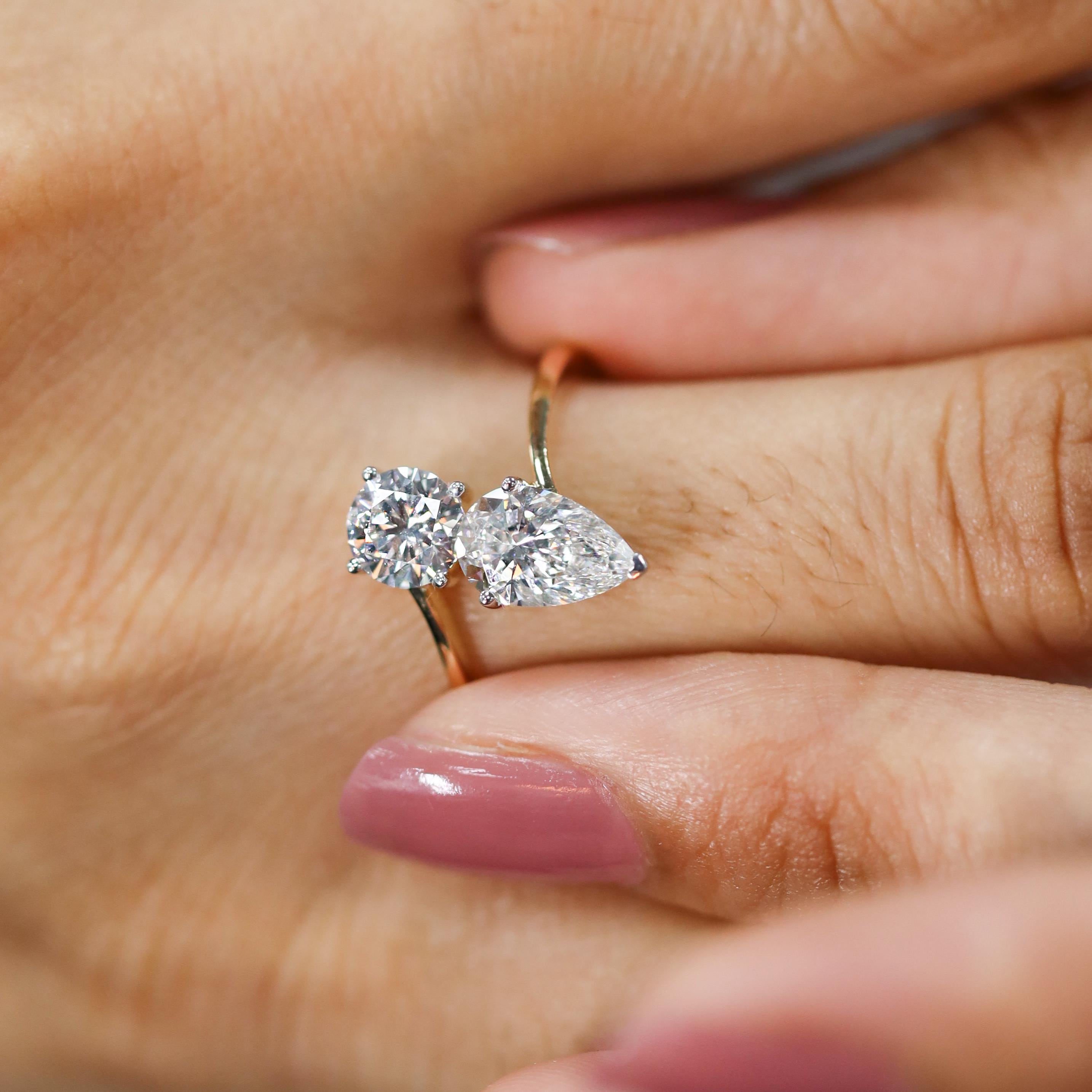 Toi Et Moi Ring Pear Round Cut Lab Grown Diamond Wedding Ring in 14K Gold