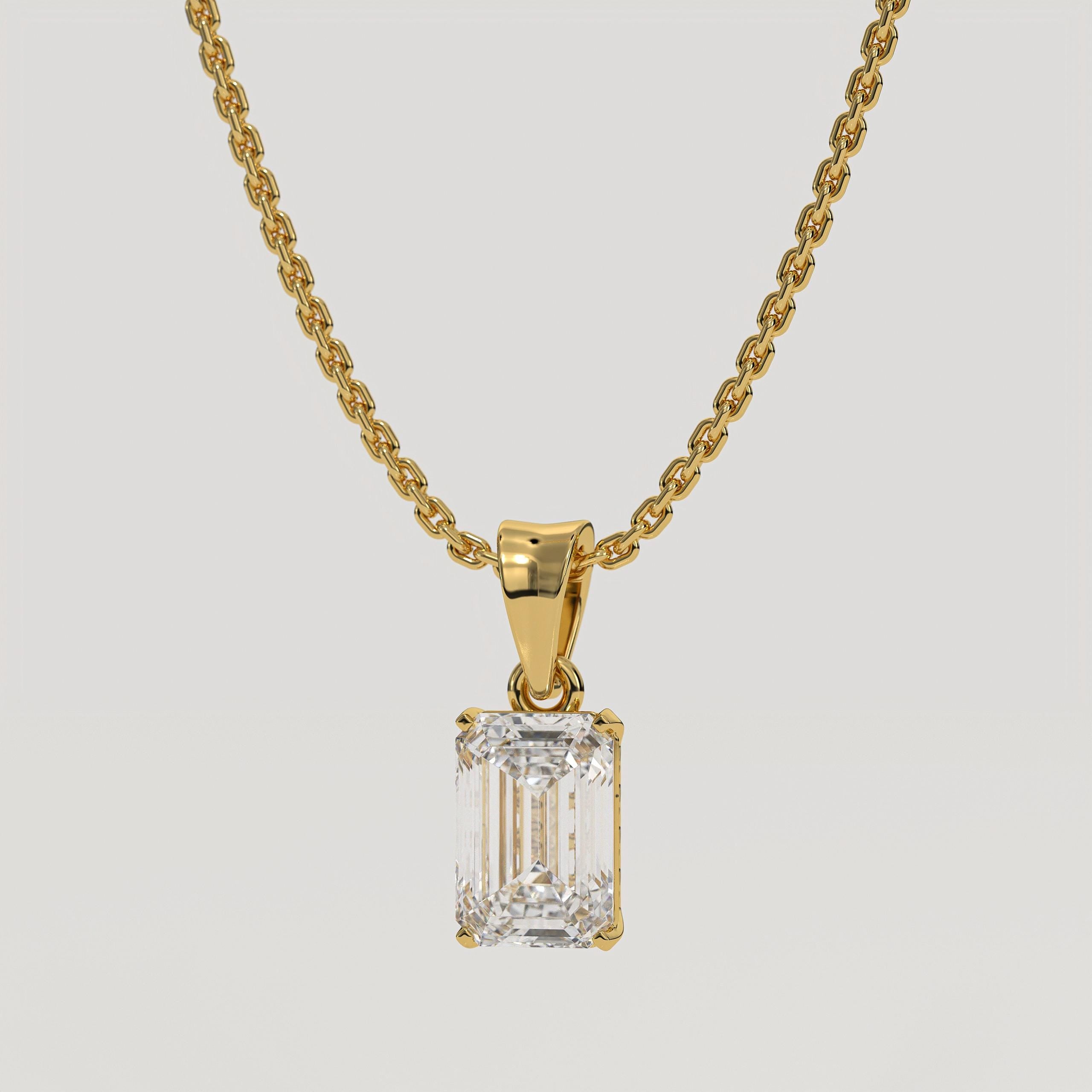 14K Gold Solitaire Emerald Lab Grown Diamond Pendant