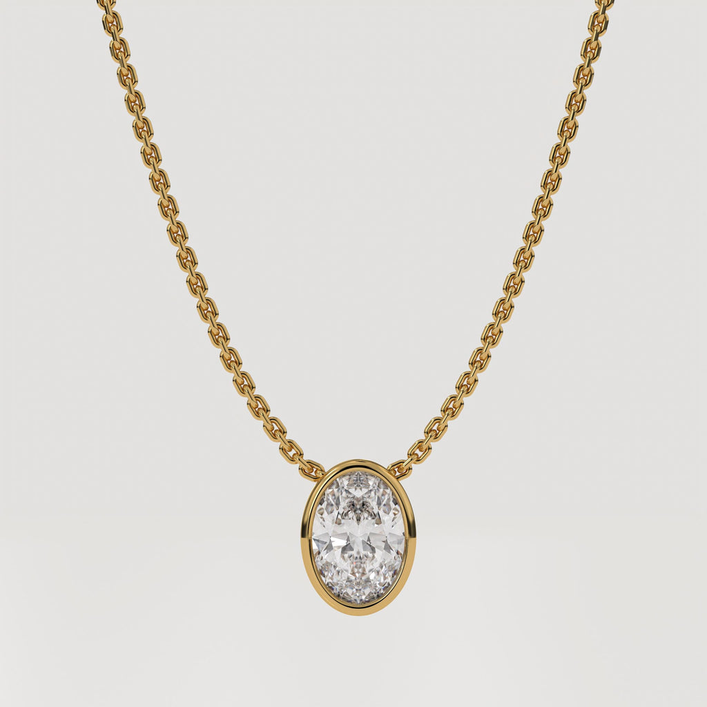 14K Gold Oval Lab Diamond Bezel Necklace - IGI Certified