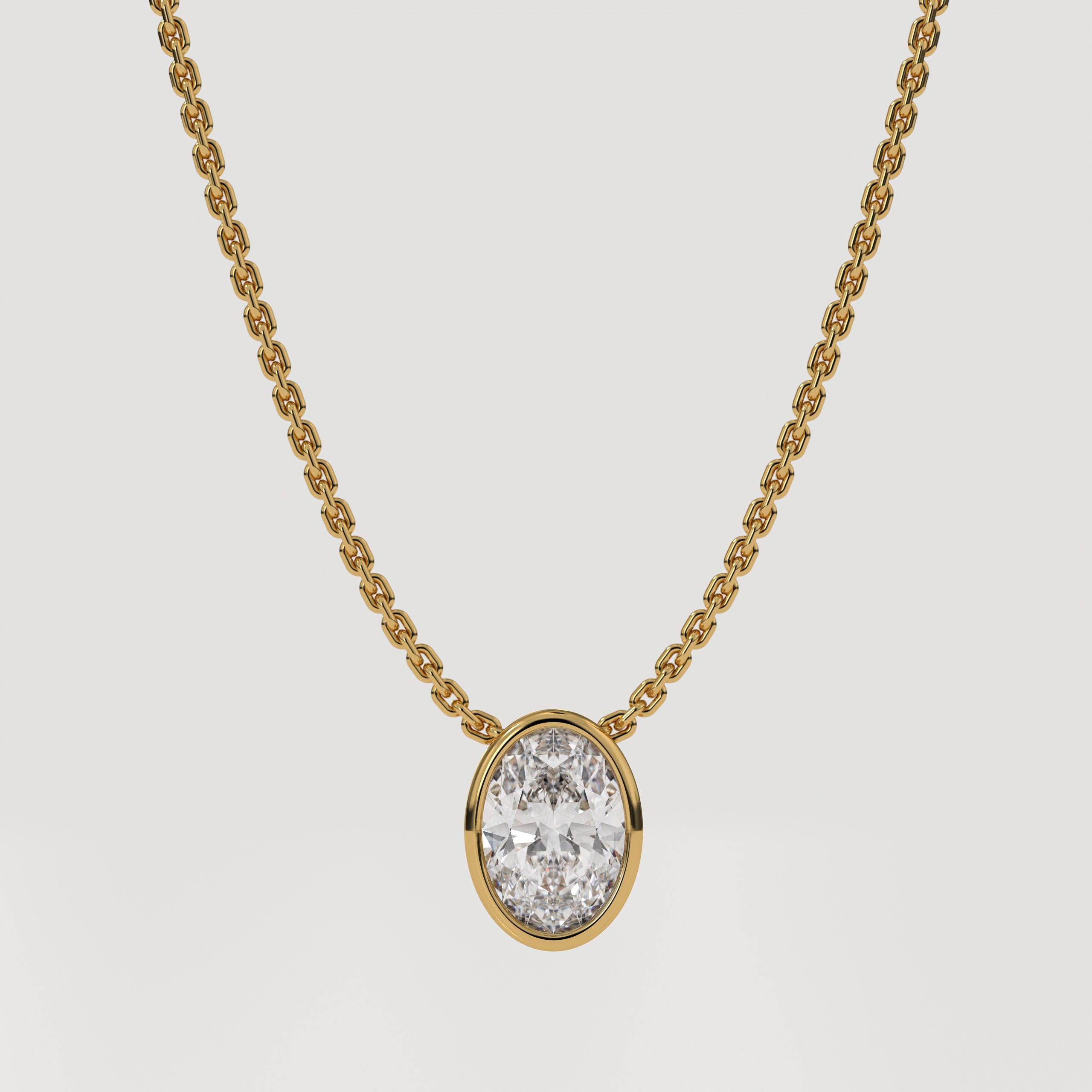 14K Gold Oval Lab Diamond Bezel Necklace - IGI Certified
