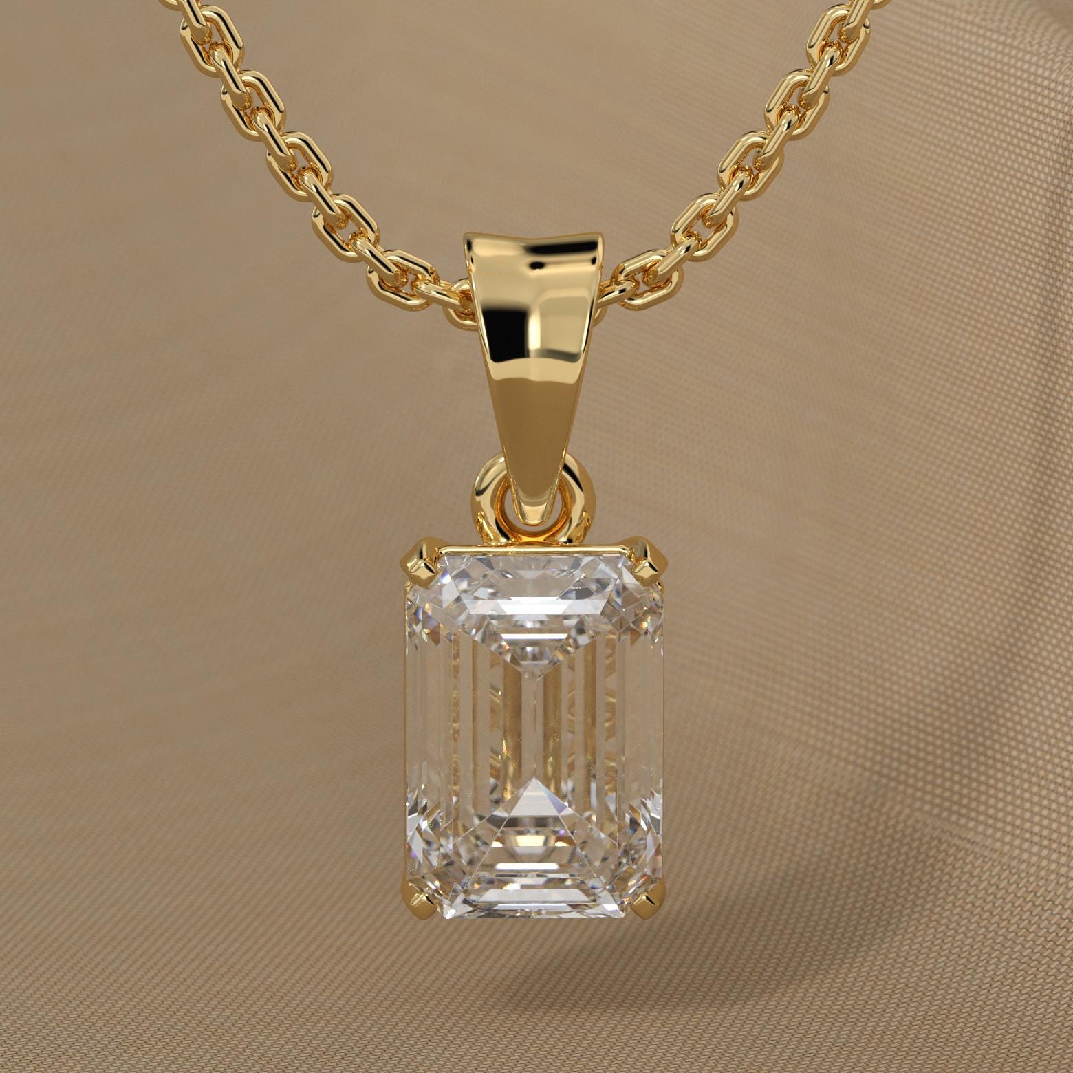 14K Gold 4 Ct  Emerald Cut Diamond Solitaire Pendant Necklace
