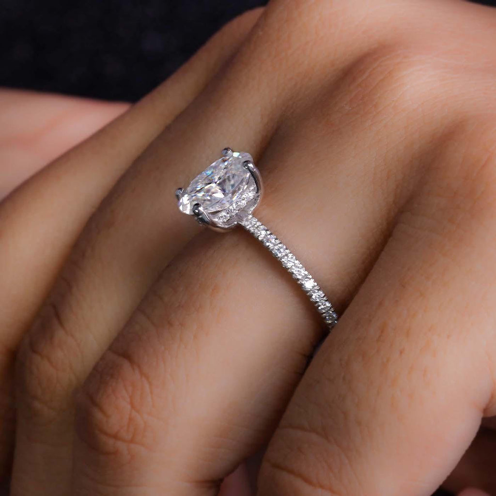 1.85 Ct Oval Cut Lab Grown Diamond Solitaire Hidden Halo Engagement Ring