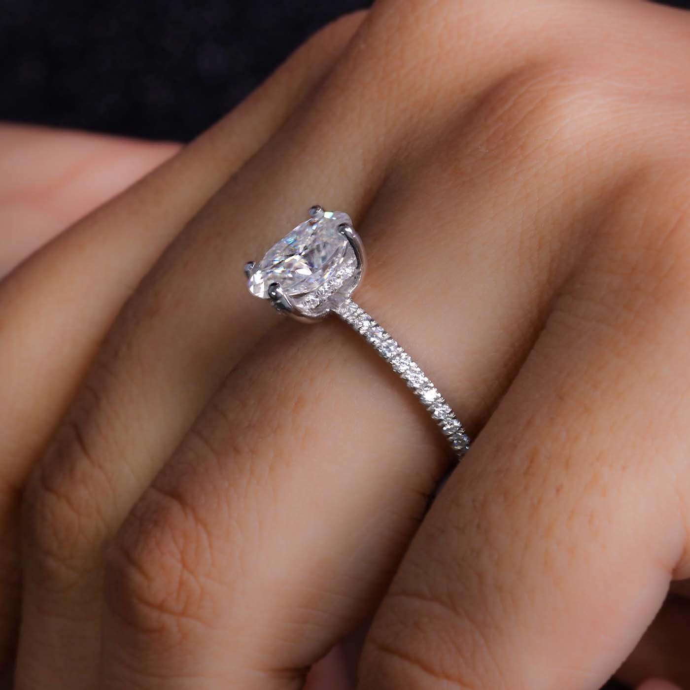 1.85 Ct Oval Cut Lab Grown Diamond Solitaire Hidden Halo Engagement Ring