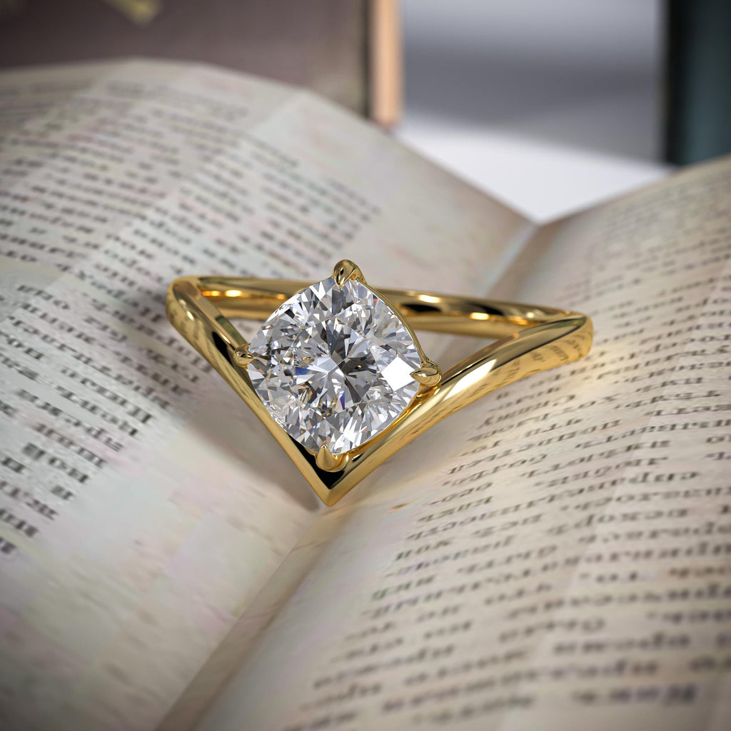 Lab Grown Diamond Chevron Minimalist V Shape Cushion Solitaire Wedding Band 14K Solid Gold Unique Engagement Ring