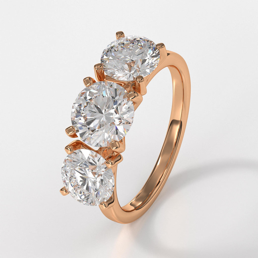 Round Cut Engagement Ring, 14k Gold Round Lab Grown Diamond Three Stone Engagement Ring