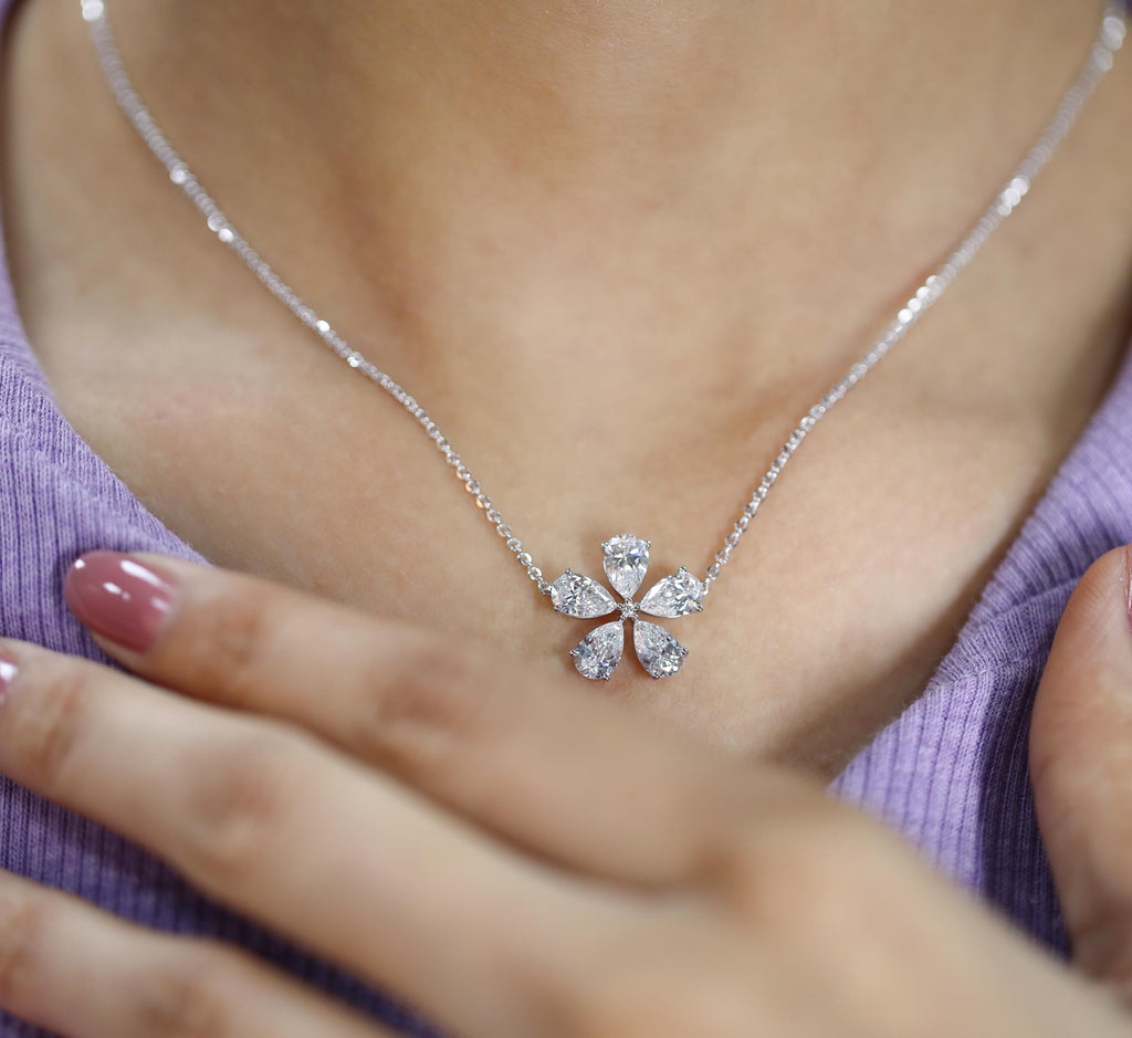 14K Solid Gold Pear Shaped Flower Design Lab Grown Diamond Necklace