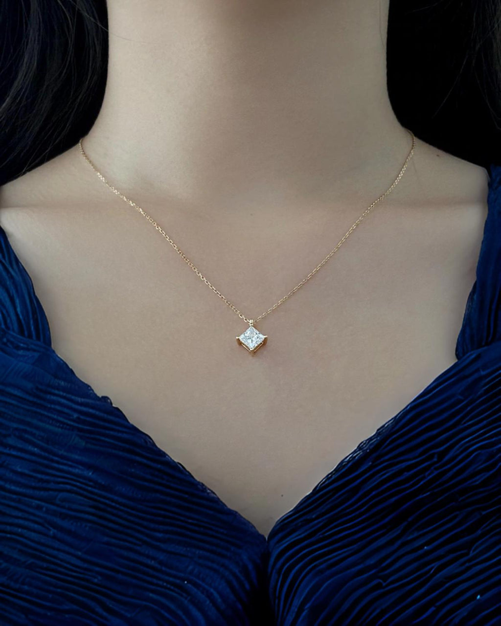 Princess Necklace 1 Carat Princess Cut F VS1 Lab Grown Diamond Necklace IGI Certificate 14k Yellow Gold