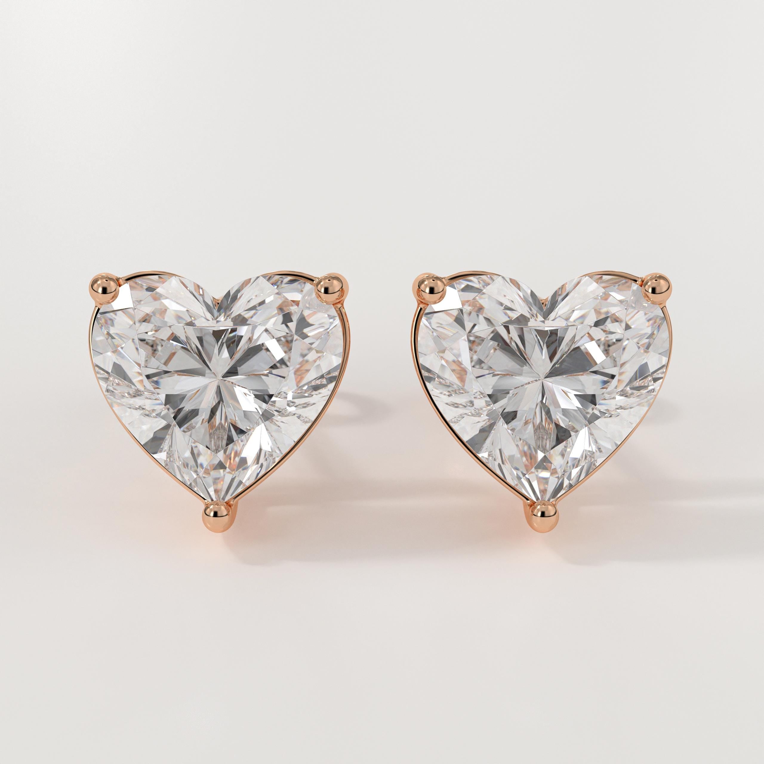 14K Solid Gold Heart Lab Grown Diamond Stud Earrings, Gift For Her