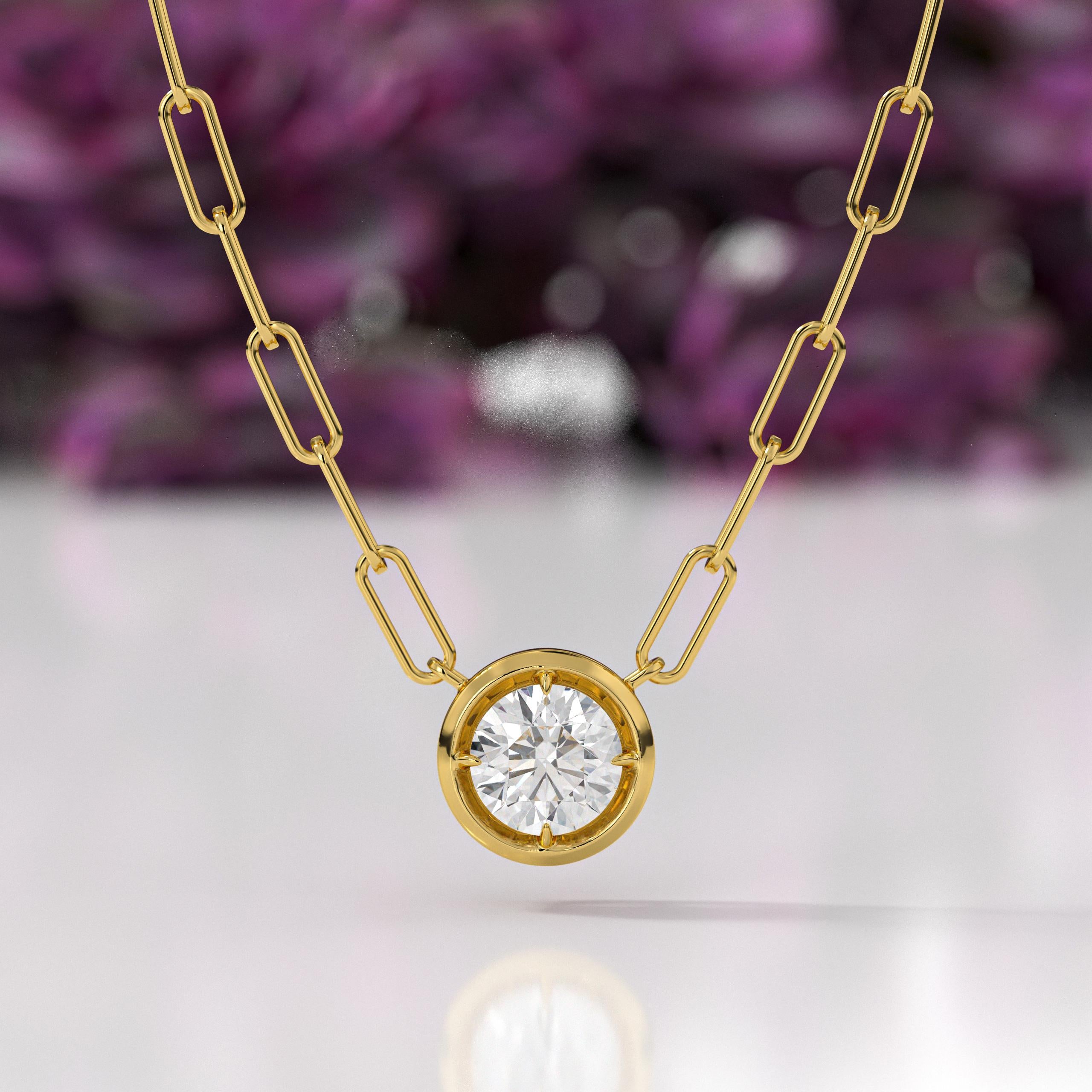 14K Gold Lab Grown Diamond Bezel PaperClip Chain Necklace
