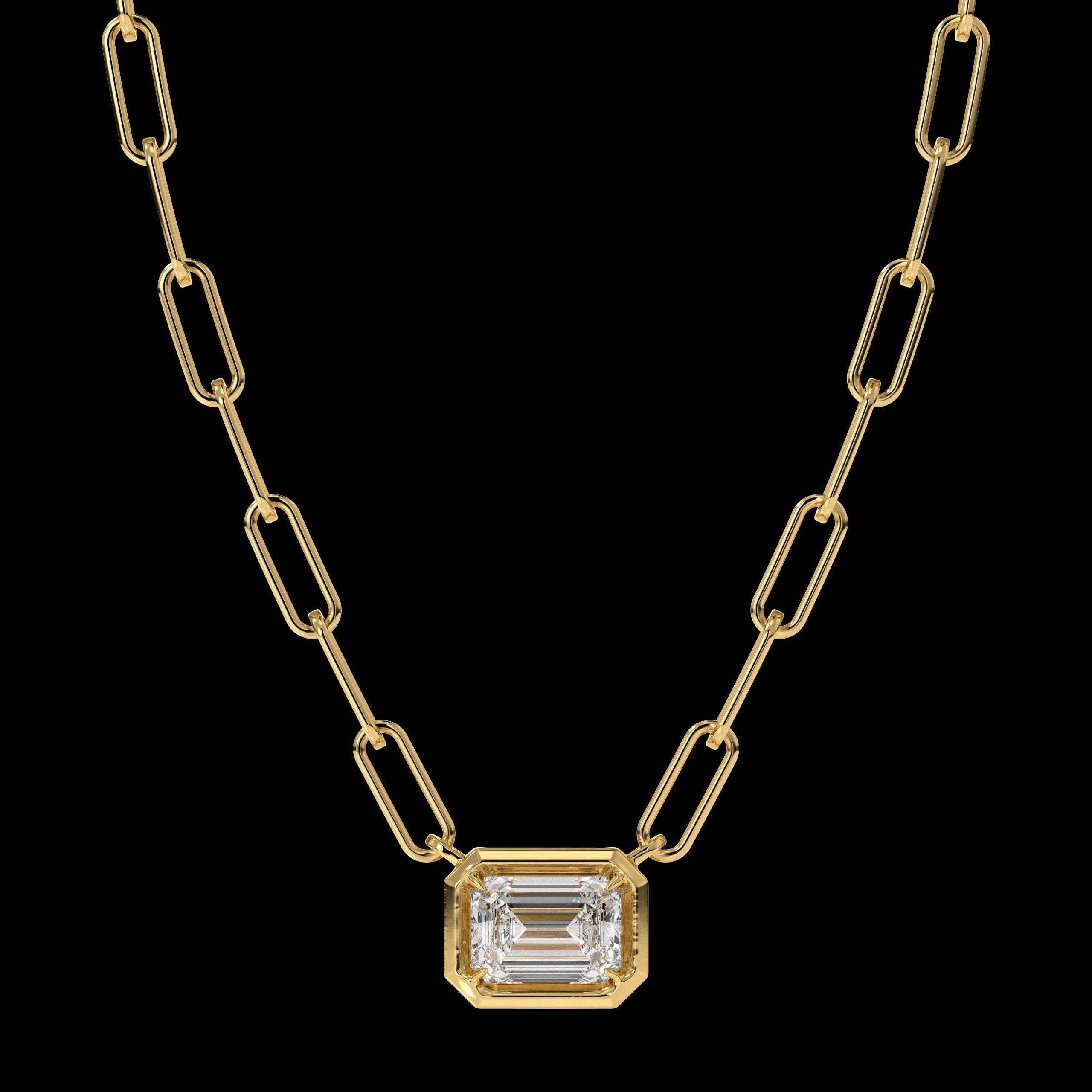 2 Ct Lab Grown Diamond Necklace, 14K Gold Solitaire Pendant With Paper Clip Chain