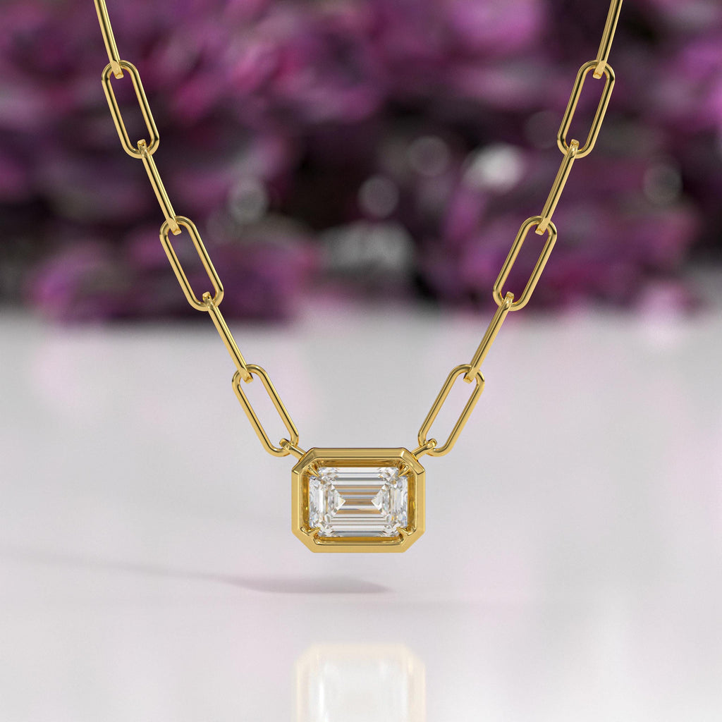 2 Ct Lab Grown Diamond Necklace, 14K Gold Solitaire Pendant With Paper Clip Chain