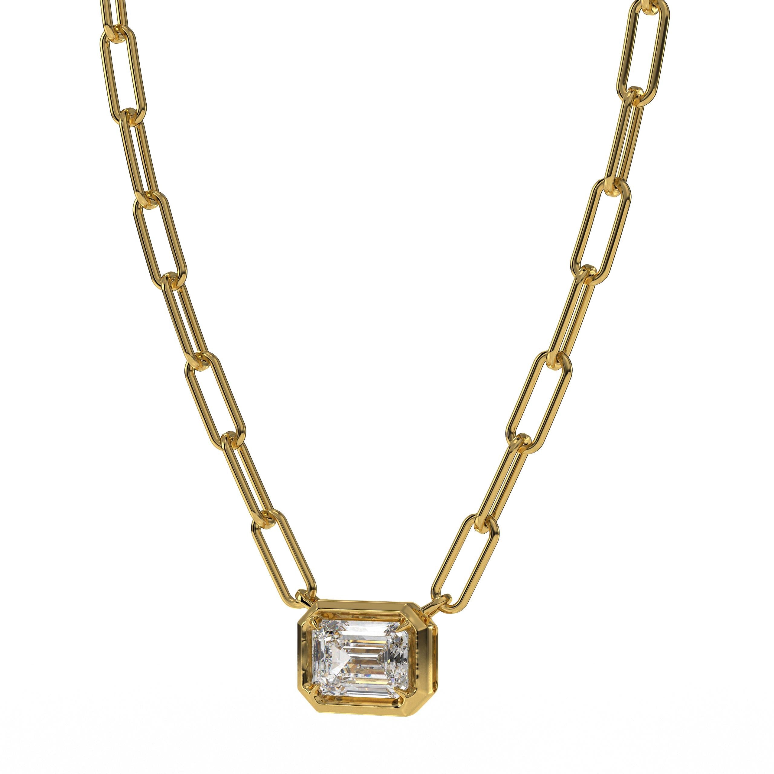 2 Ct Lab Grown Diamond Necklace, 14K Gold Solitaire Pendant With Paper Clip Chain