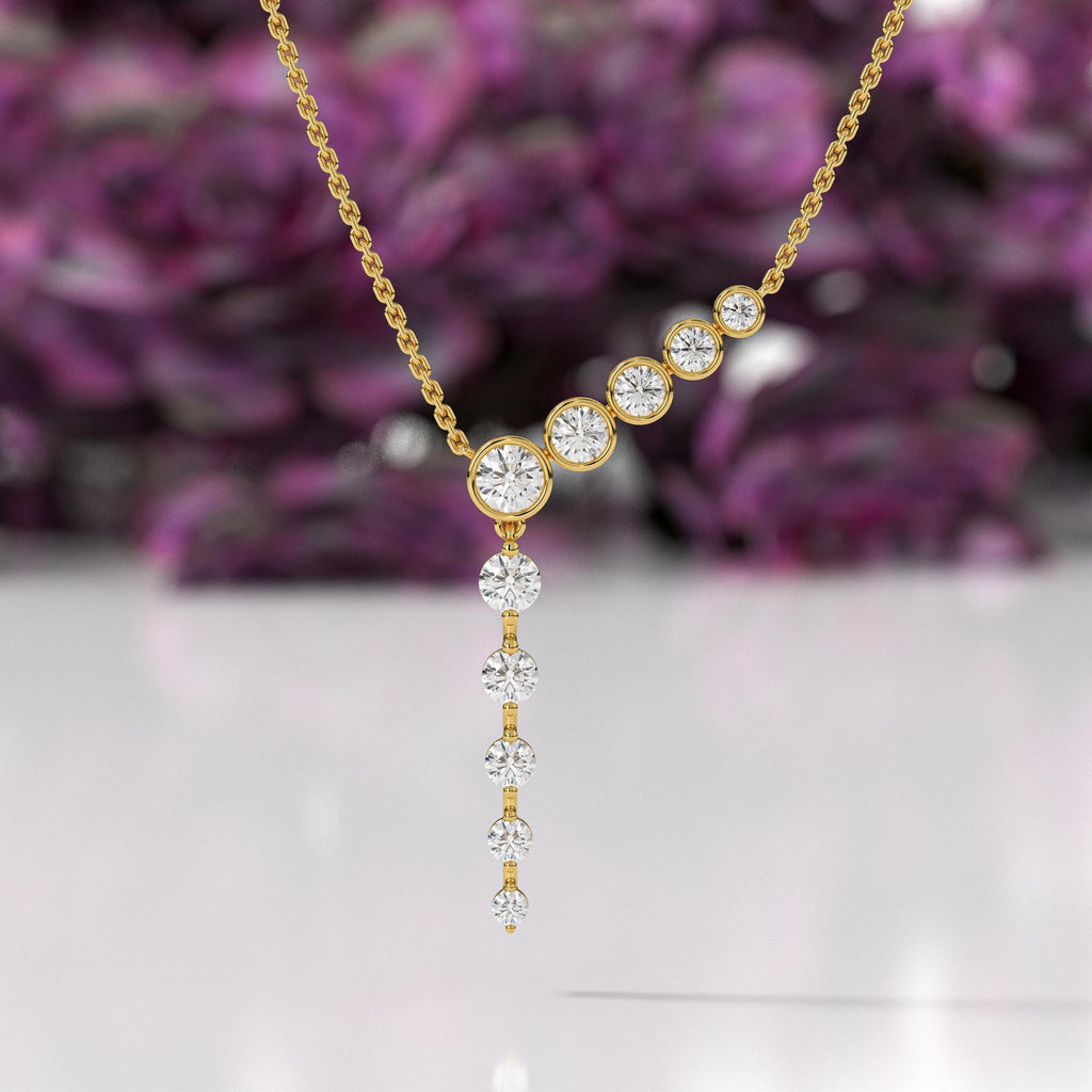 14K White Solid Gold with Drop Solitaire Lab Grown Diamond, Lariat Round Cut 'Y' Necklace for Women