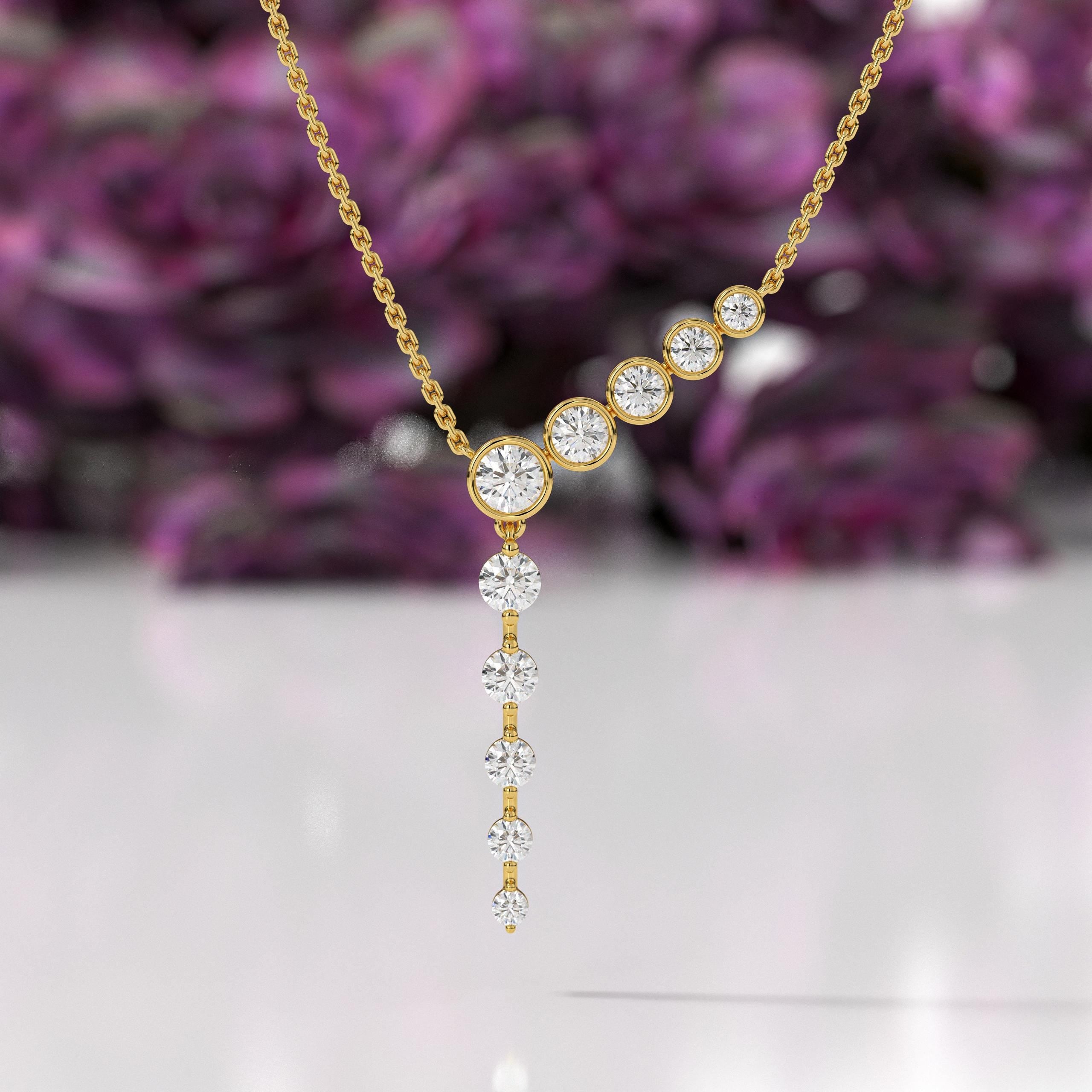 14K White Solid Gold with Drop Solitaire Lab Grown Diamond, Lariat Round Cut 'Y' Necklace for Women