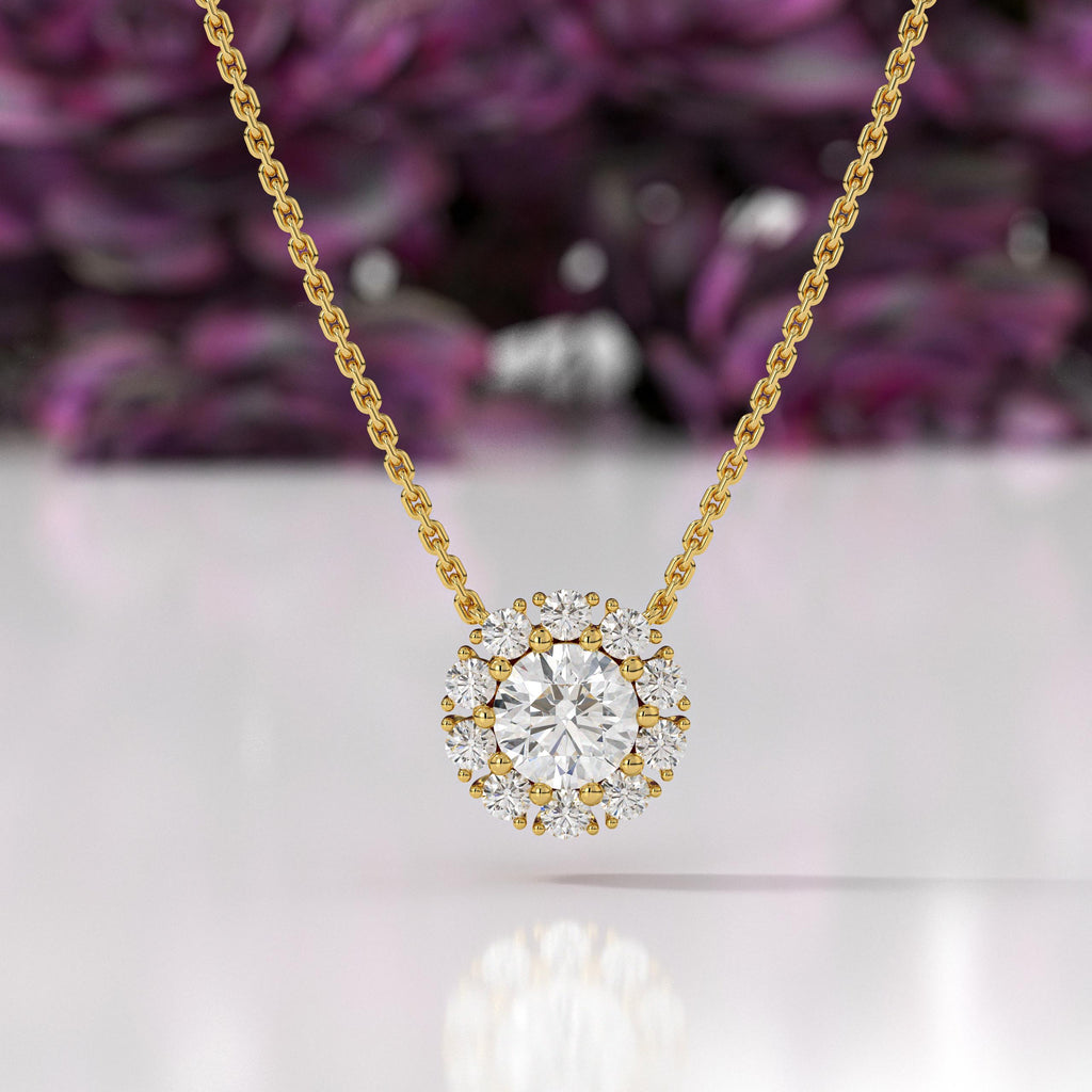 14K  Solid Gold Lab Grown Diamond With Halo Pendant Necklace
