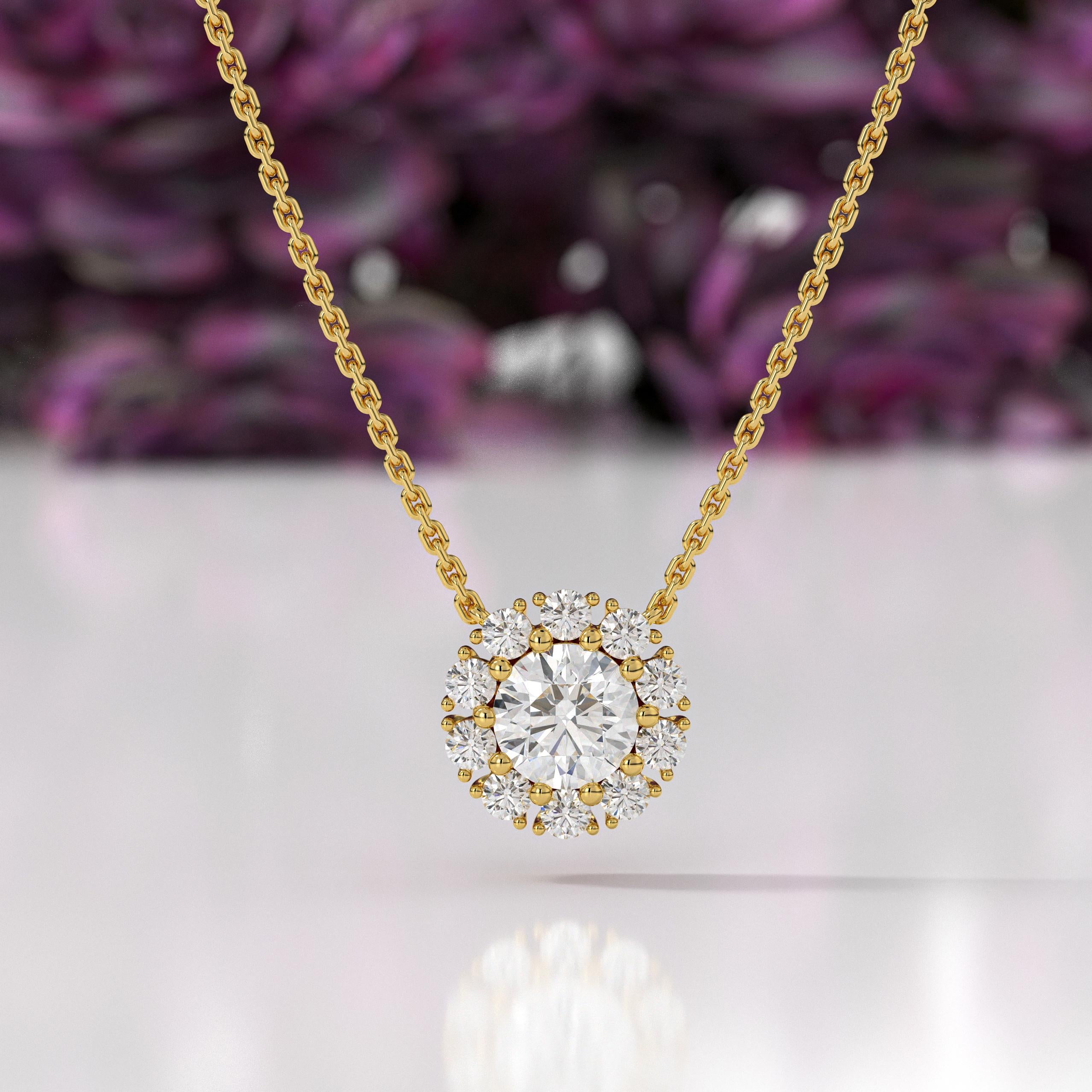 14K  Solid Gold Lab Grown Diamond With Halo Pendant Necklace