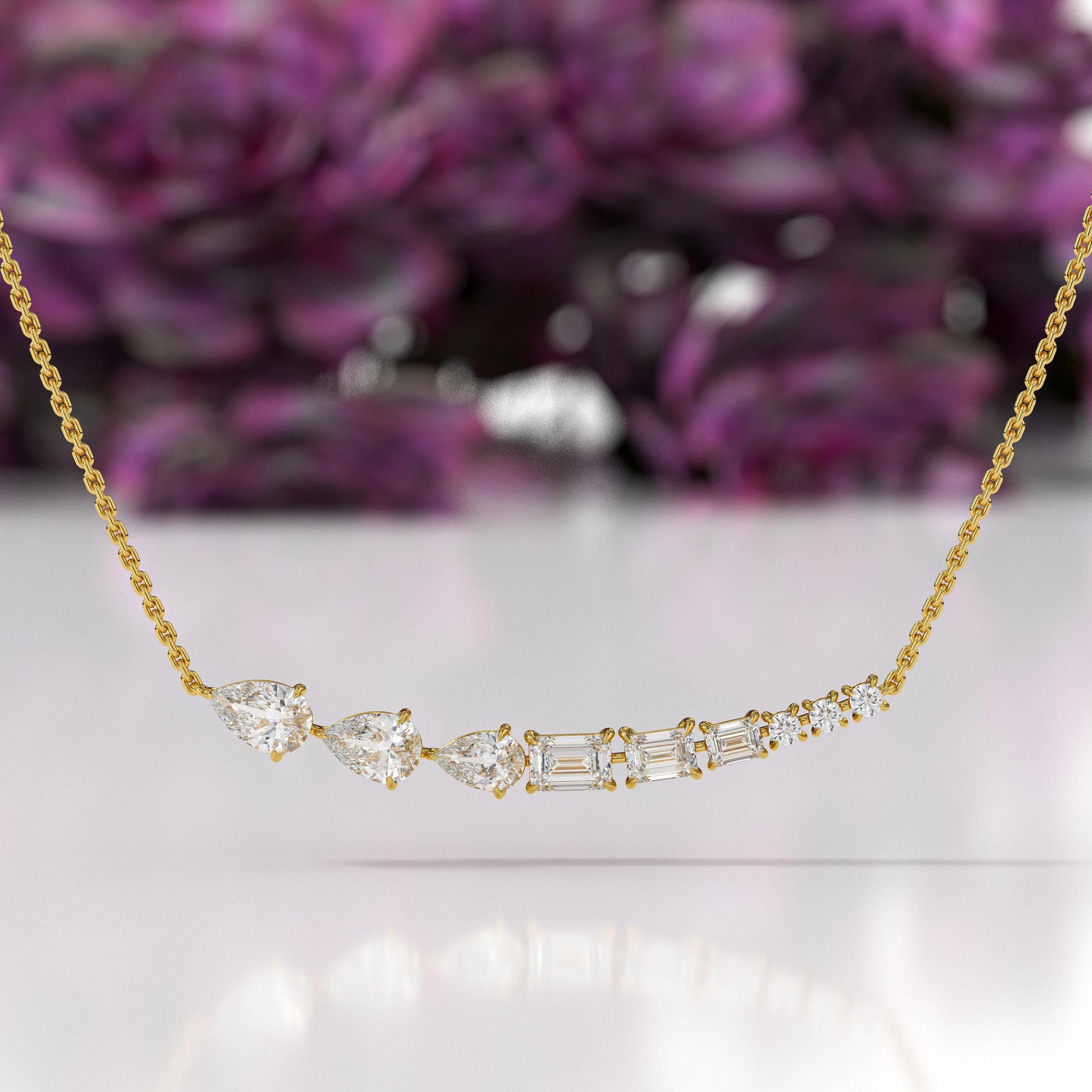 14K Gold Lab Grown Diamond Pendant Necklace/ Multistone Diamond Layering Necklace