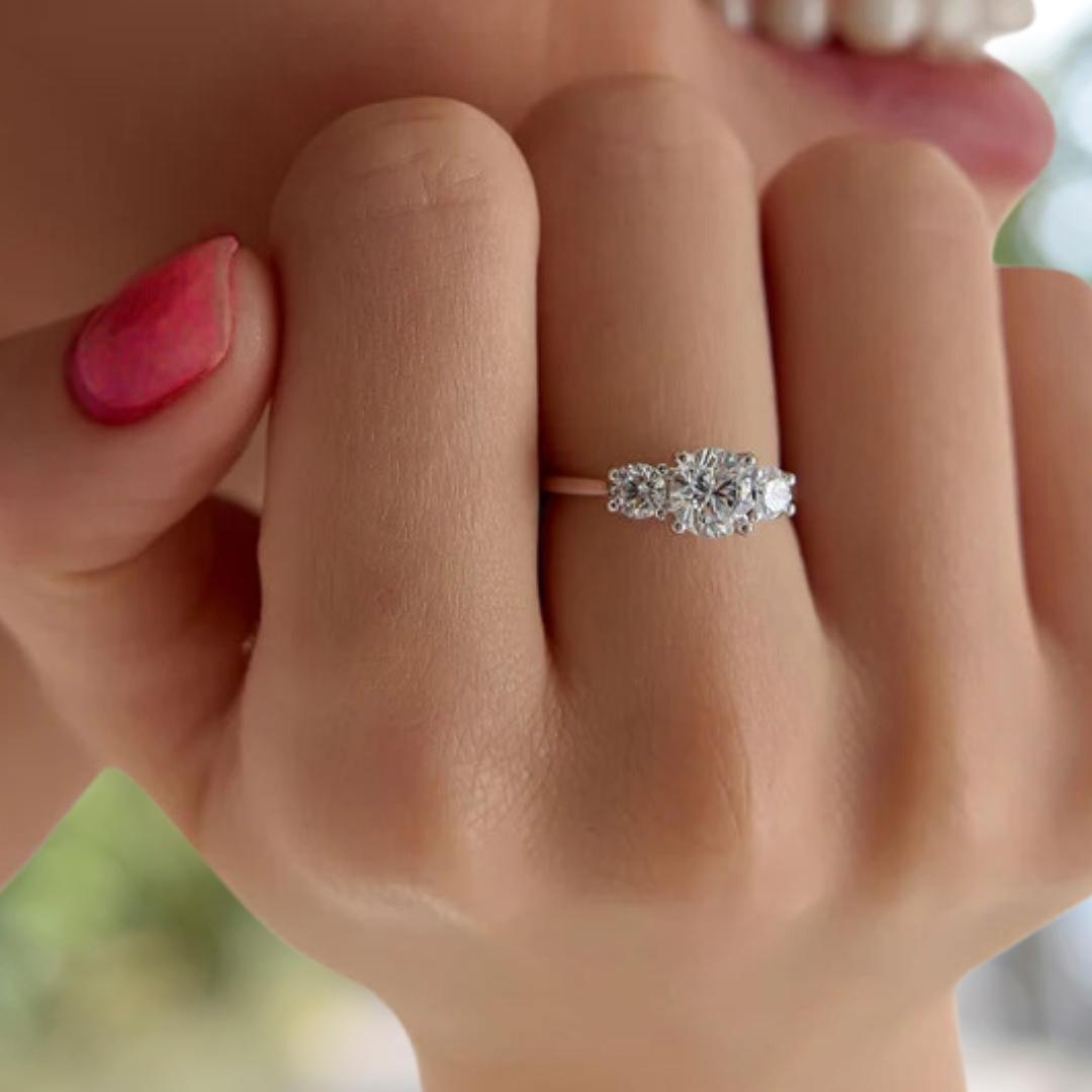 14K Gold Round Lab Grown Diamond Three Stone Engagement Ring