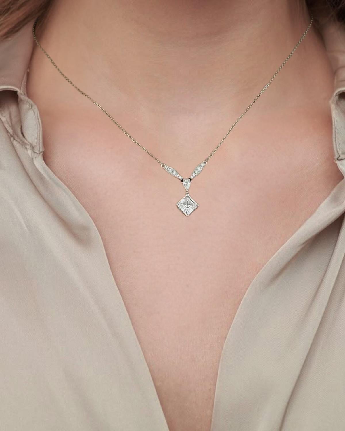 1 Carat Asscher Cut F VS1 Lab Grown Diamond Necklace IGI Certificate 14K White Gold