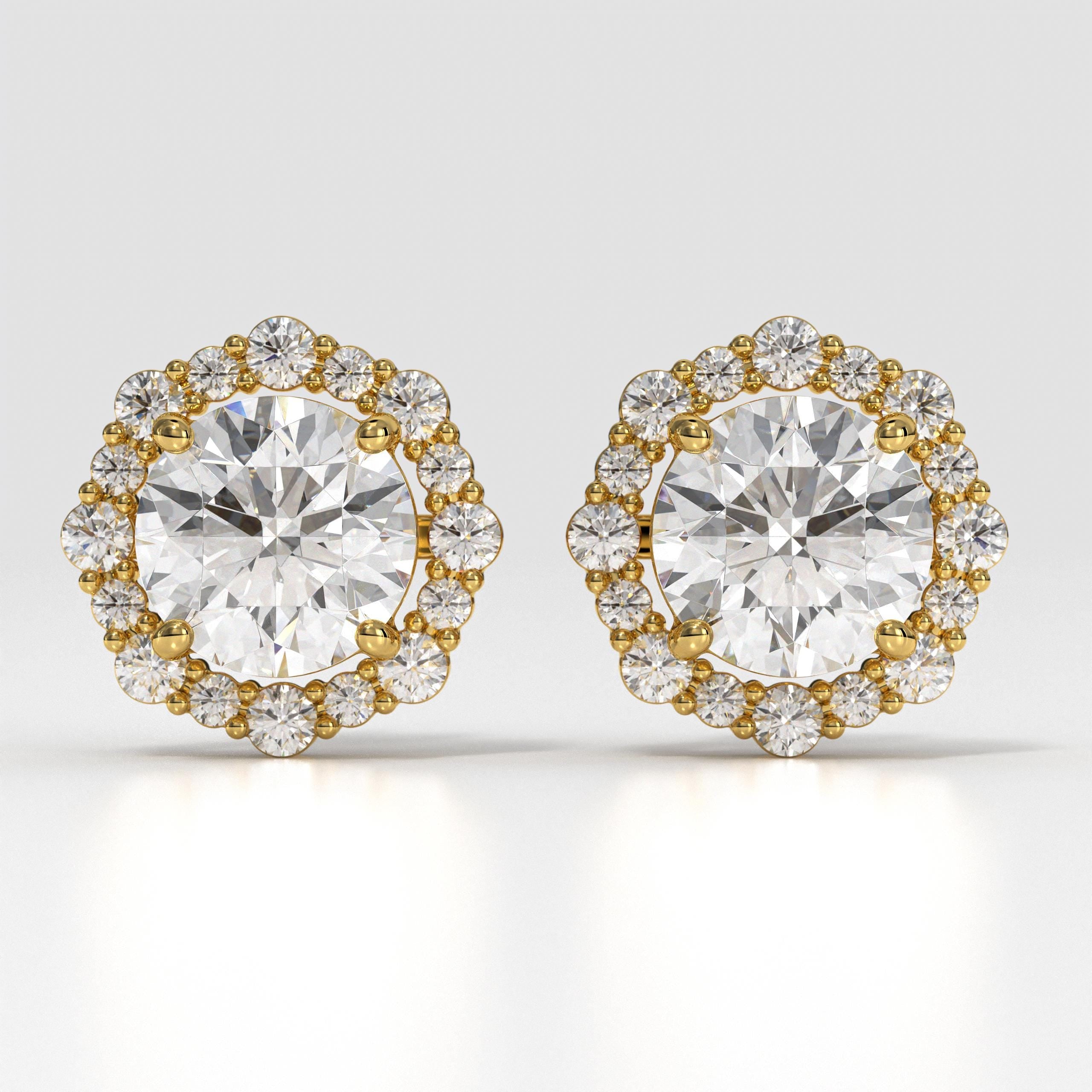 Round Lab Grown Diamond Halo Stud Earrings With 14K Gold
