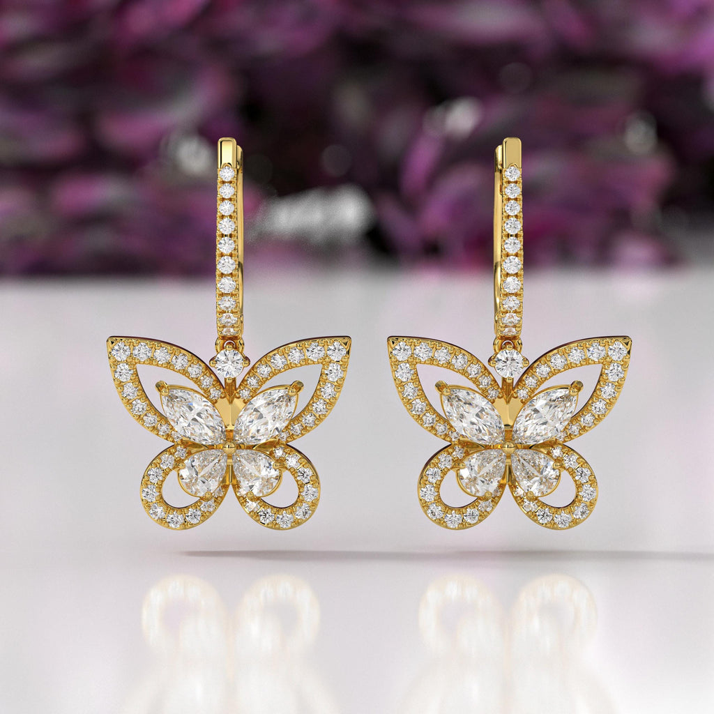 14K solid gold Butterfly Lab Grown Diamond Drop Dangle Hoop Earrings
