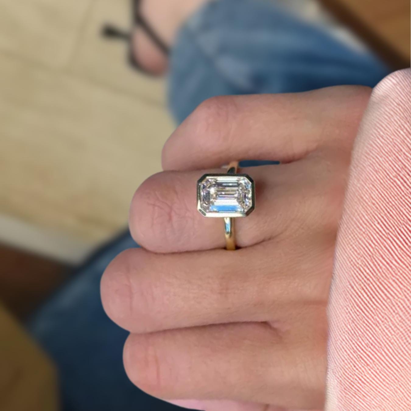 3 Carat Emerald Cut Lab Grown Diamond Bezel Set Solitaire Engagement Ring in 14K Gold