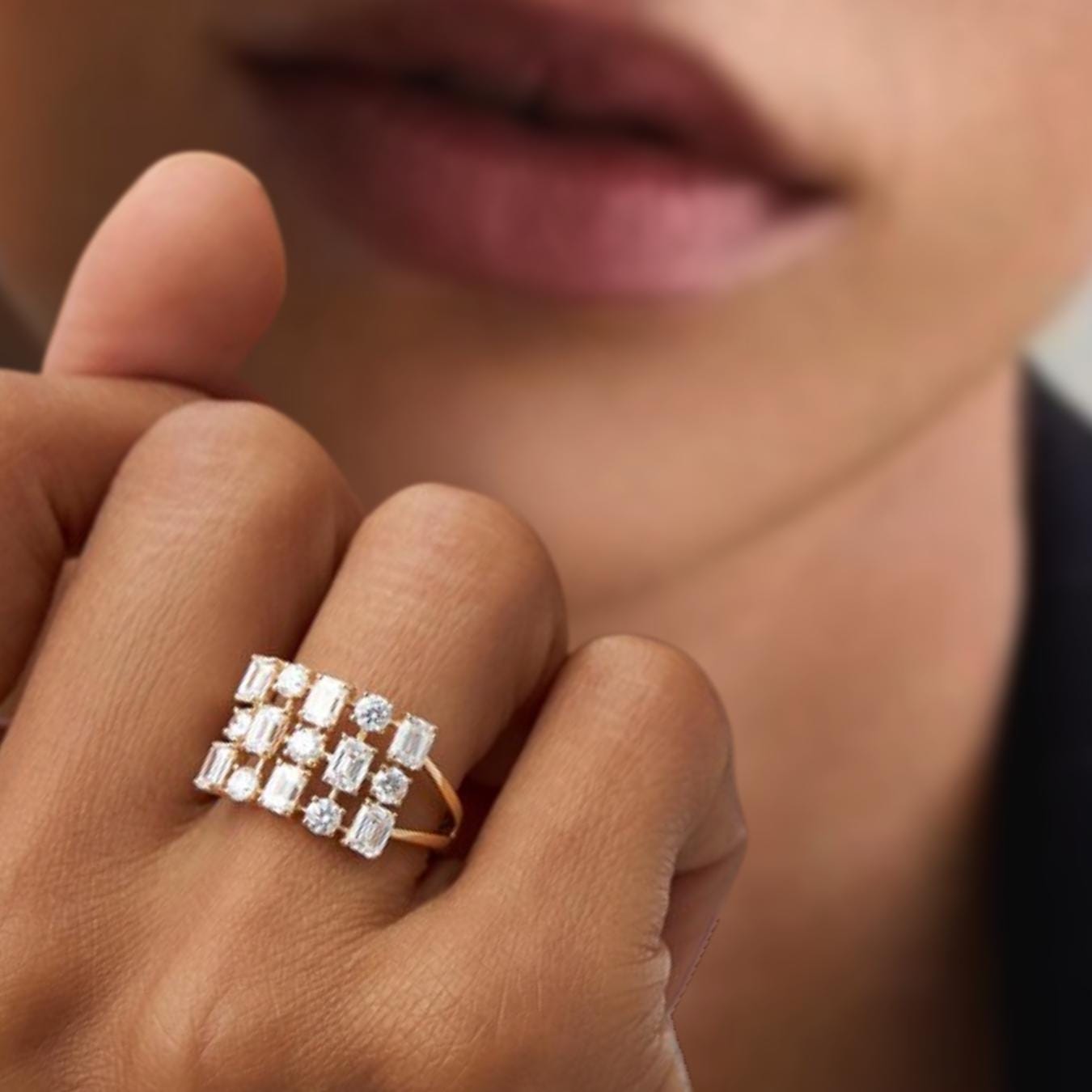 Unique Multi-Stone Three Row Fashion Cocktail Ring Lab Grown Diamond Ring, Wedding Ring For Women