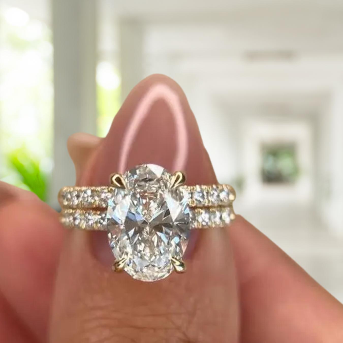 4.50 Carat Oval Cut Lab Grown Diamond Solitaire Engagement Ring Set, 14K Gold Matching Round Diamond Wedding Band