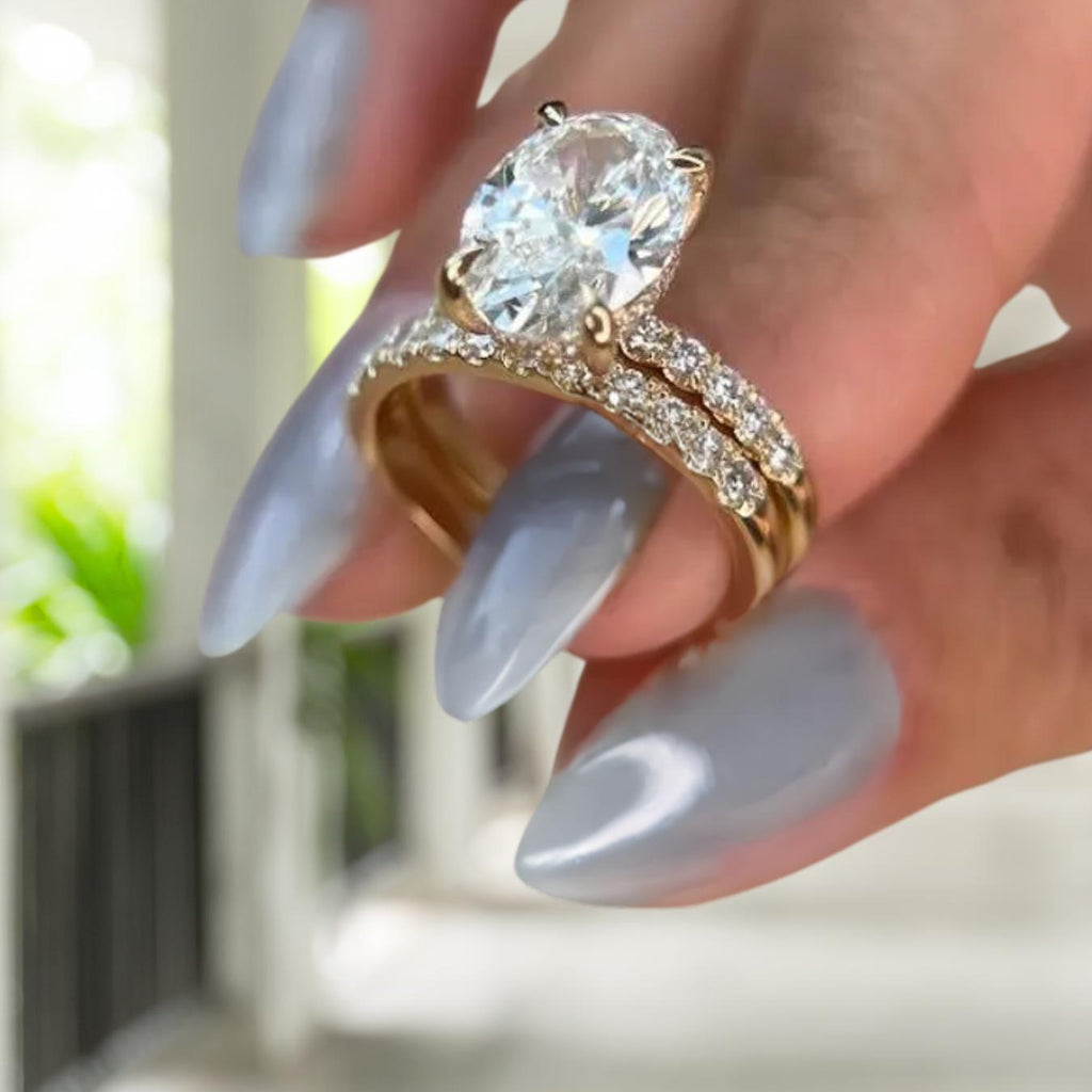 4.50 Carat Oval Cut Lab Grown Diamond Solitaire Engagement Ring Set, 14K Gold Matching Round Diamond Wedding Band