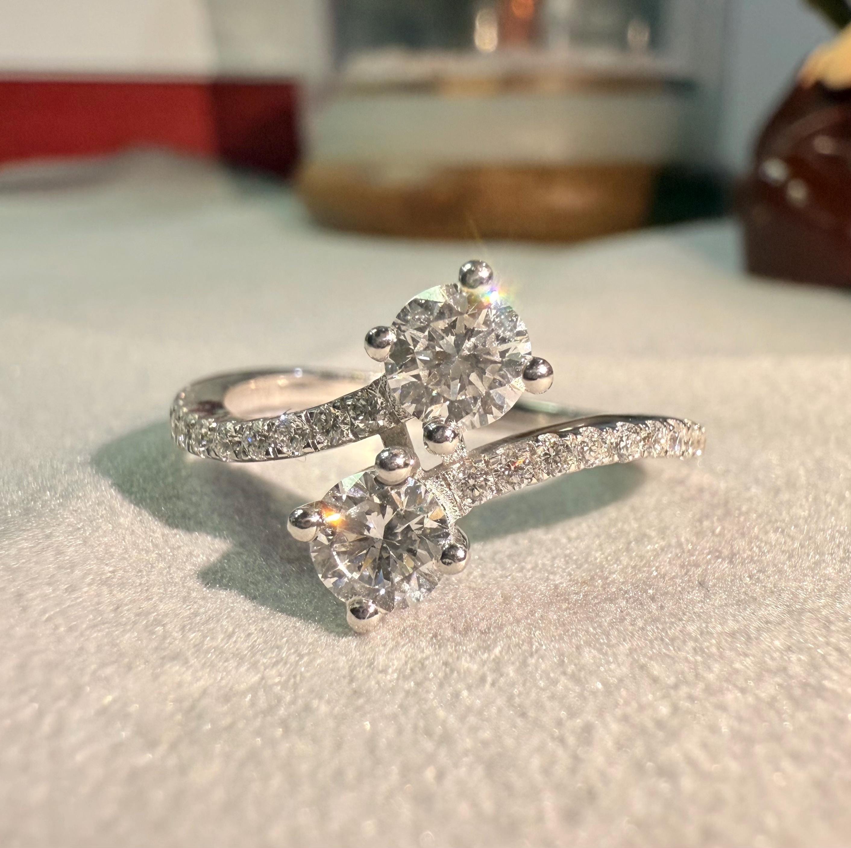 Dainty Bypass Round Diamond Anniversary Ring, Two Stone Forever Lab Grown Diamond Ring