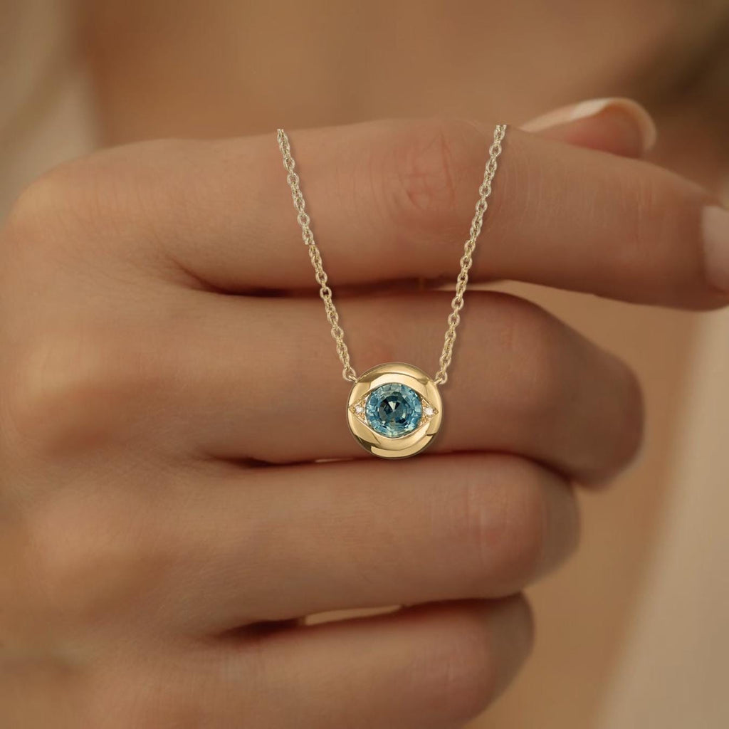 14k Diamond Evil Eye Necklace | Sapphire Necklace for Women | Easter Day Gift | Evil Eye Pendant | Diamond Necklace |Sapphire Evil Eye Charm