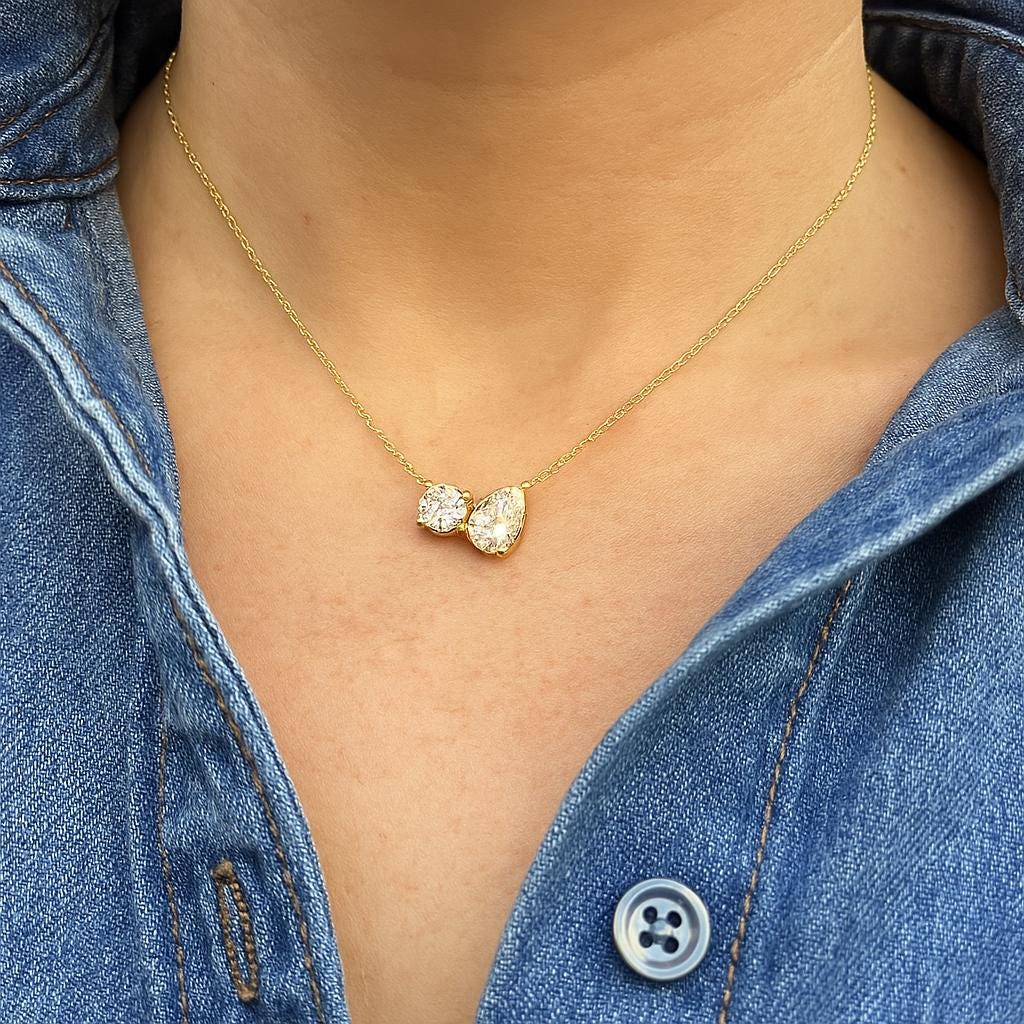 14K Gold Toi et Moi Necklace with Lab Grown Diamonds – Elegant Minimalist Jewelry for Everyday Wear