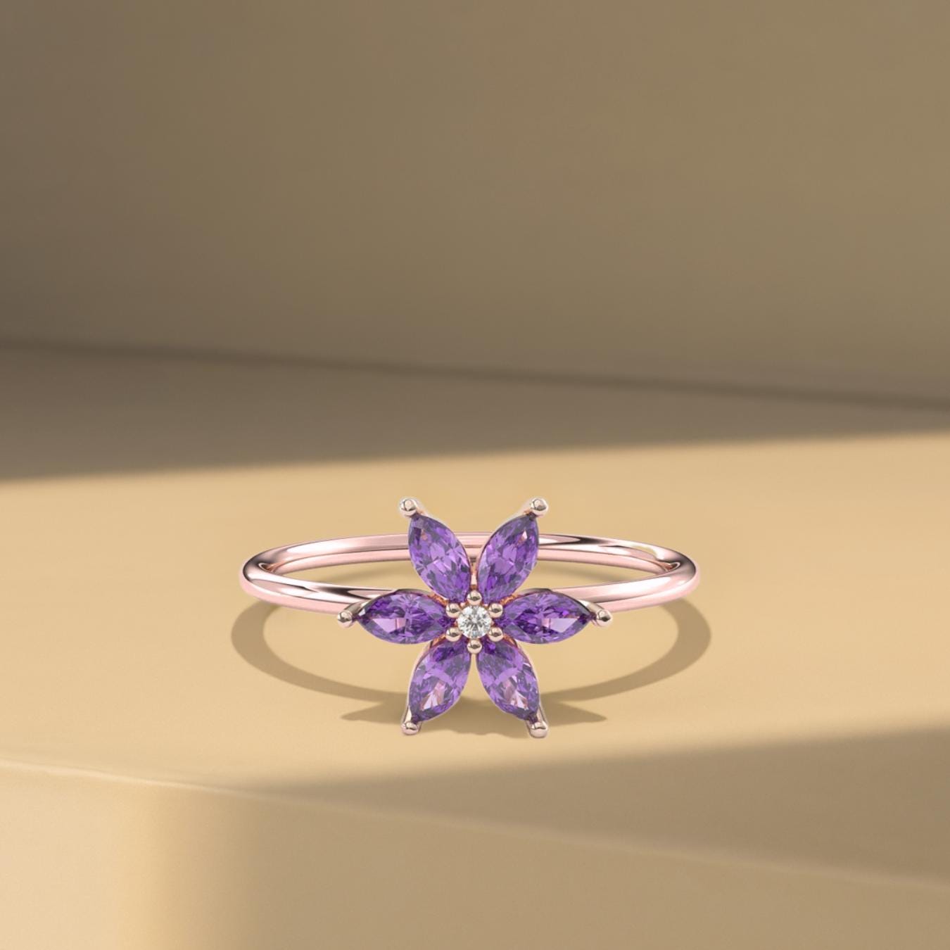 14K Gold Amethyst Flower Ring | February Birthstone Ring | Birthday Gift | Valentine's Day