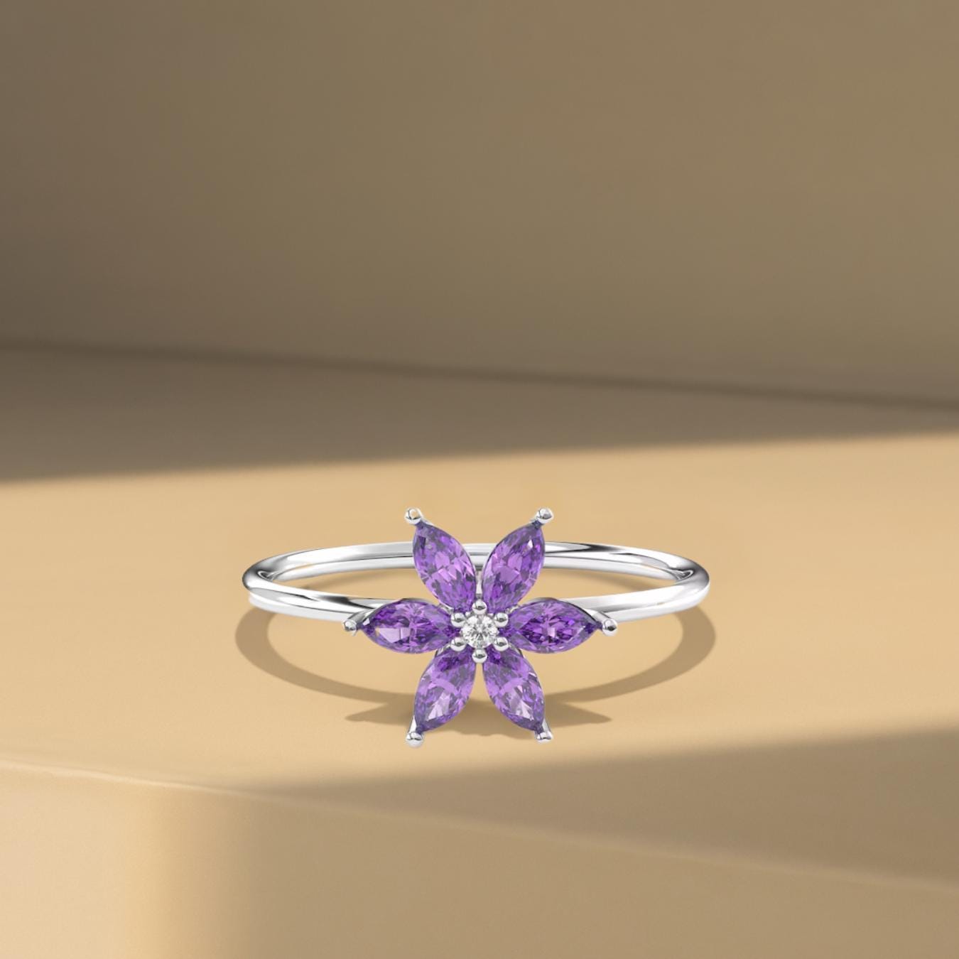 14K Gold Amethyst Flower Ring | February Birthstone Ring | Birthday Gift | Valentine's Day