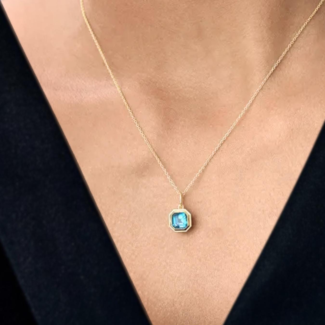 Blue Topaz Necklace | 14K Gold Asscher Cut Bezel Set Pendant  | Gift for Her