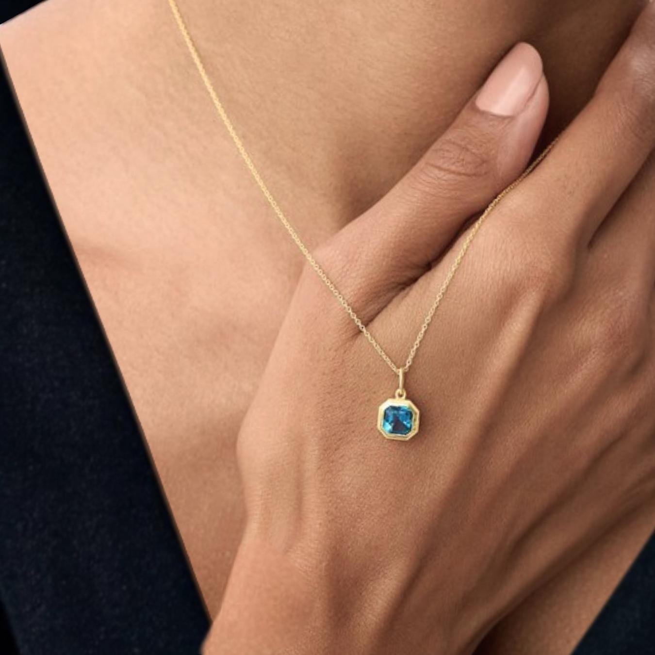 Blue Topaz Necklace | 14K Gold Asscher Cut Bezel Set Pendant  | Gift for Her